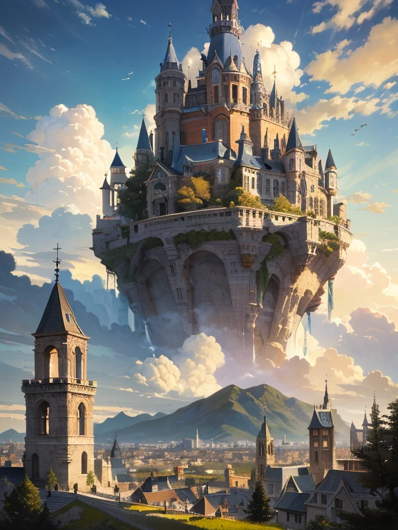 absurdos, high resolution, (Arte oficial, hermoso y estetico:1.2), vista lejana, angulo bajo, dreamlikeart absurdres obra maestra de high resolution mejor calidad Alois Arnegger Antoine Blanchard ciudad castillo bosque mar cielo nubes