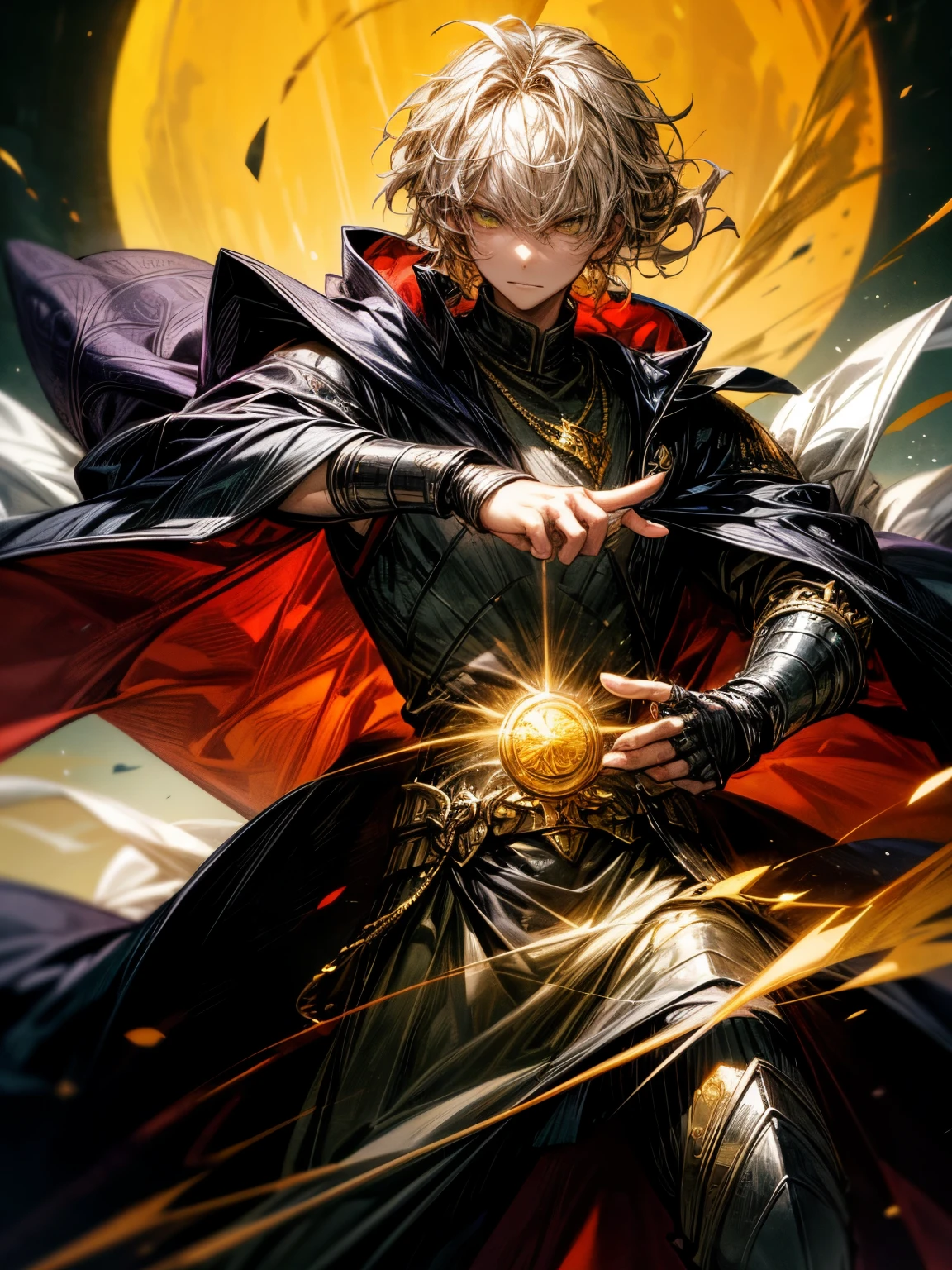 Generate an image of a character with the following attributes: ((Best quality)), ((1 character)). The character is a man with wheat-colored hair, honey-amber eyes, a noble appearance, wearing black armor covered by a green cloak. The hair is short and wavy, with a neutral expression. The character is adorned with a crescent, full, and waning moon necklace, as well as an amethyst necklace. The style is manga, and the pose should be dynamic.
