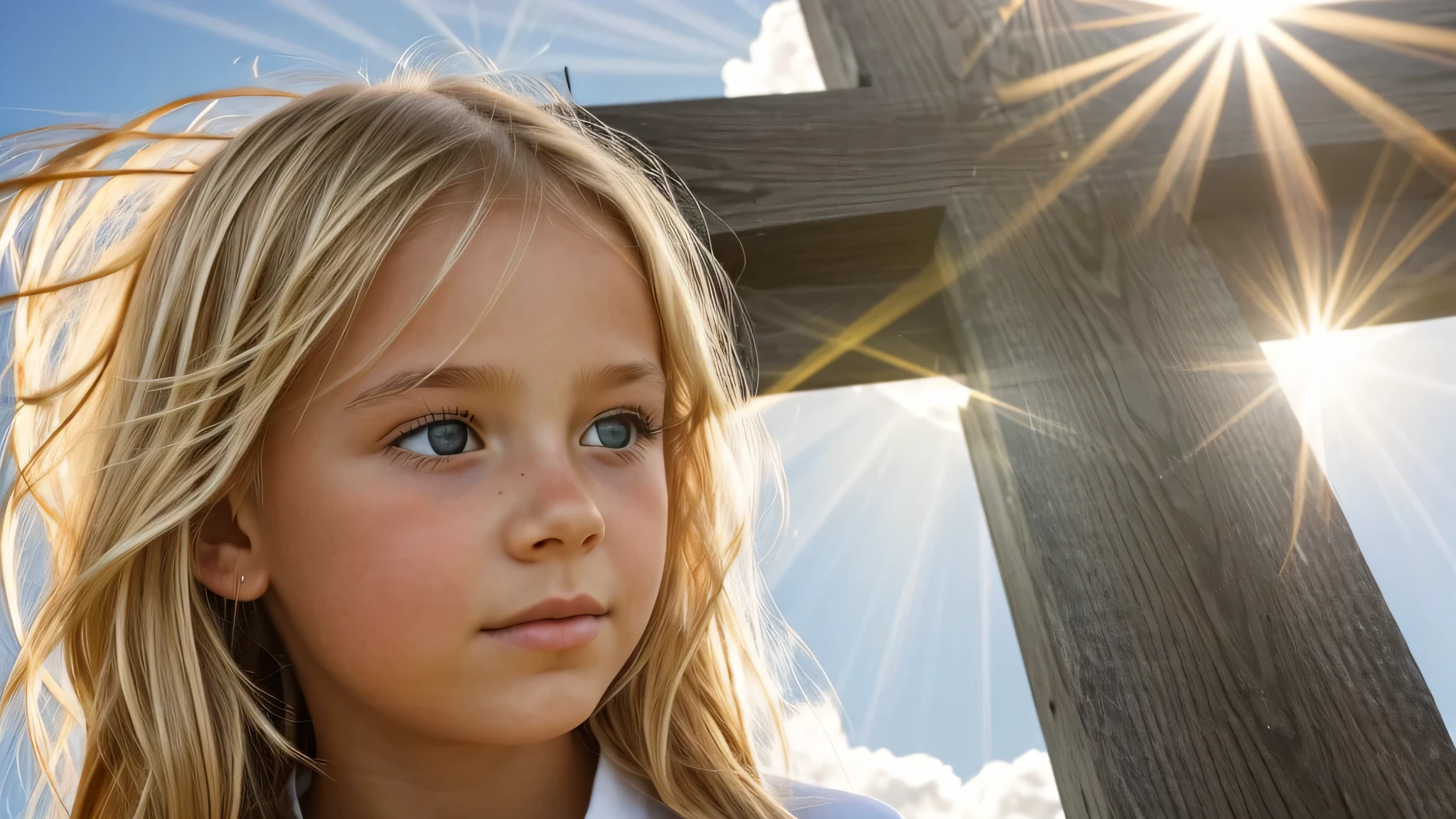 KIDS GIRL BLONDE CLOSE UP, on the cross with clouds and sun in the background, holy energy, glowing god rays, holy sacred light rays, godly and ethereal, divine god, second coming, ascended, glowing holy aura, , light of god, holy spirit