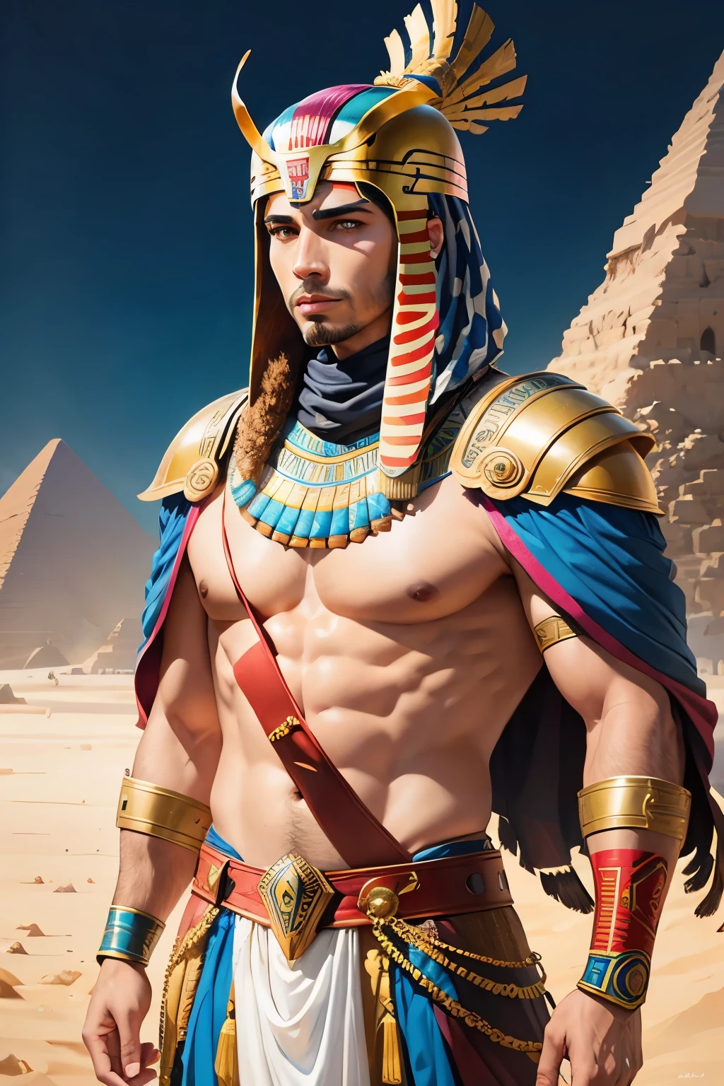 create a colorful illustration of egyptian king with falcon helmet