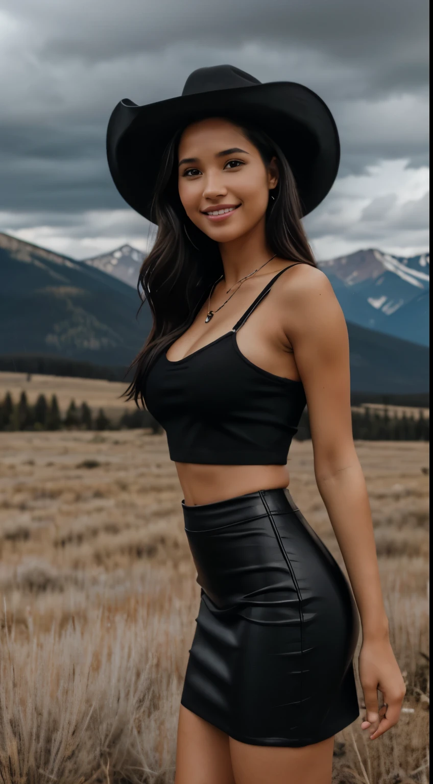 Foto hiperrealista en primer plano de Kelsey Asbille (native American ((light dark skin))), masterpiece, best quality, full body, whole person, (black crop top straps:1.2), (black mini pencil skirt:1.2) heels, (black black black cowboy hat) (boots:1.2), on the ranch, grey day, Montana mountains in the background, cinematic light, beautiful woman, photo oh whole person, cinematic light, beautiful woman, skinny, large breasts, straight black hair, detailed face, smile, photo taken from a distance