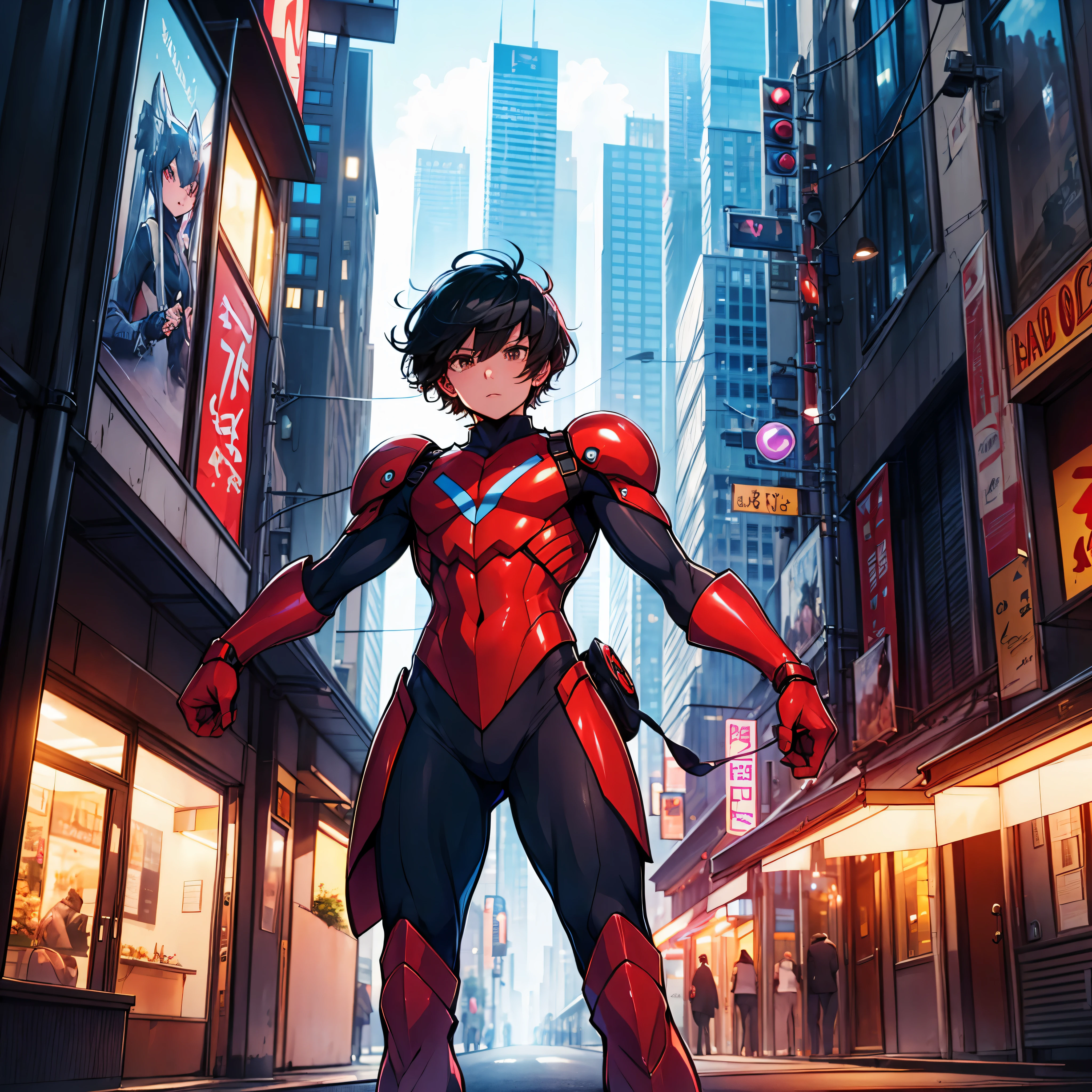 ((masterpiece, best quality)),(complex light),astro boy,black hair, brown eyes,red boots, fighting postion, about to fight, futuristic city varied multi etc. --v 6 --s 1000 --c 20 --q 20 --chaos 100