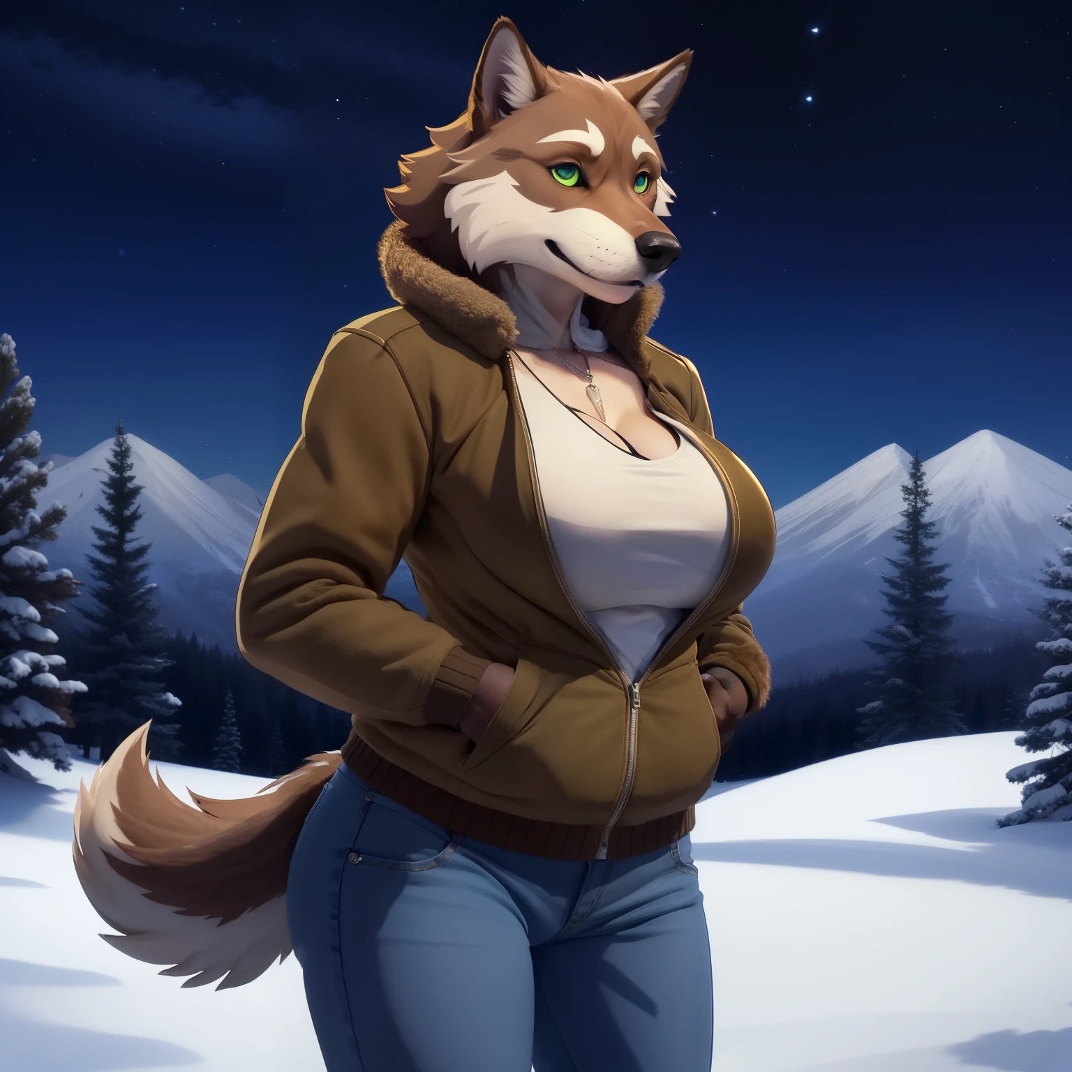 Athletic_Mature_timberwolf female brown_furry_body green_eyes milf very_fluffy full_breasts fur_trimmed_jacket undershirt jeans solo Masterpiece best_quality absurdres highly_detailed well_drawn_eyes anthro_only by_greasymojo by_runawaystride back_porch starry_sky snowy_landscape