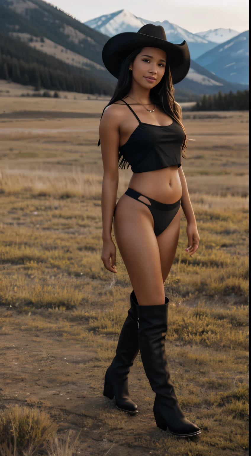 Little Caprice, Standing Up, Sexy Pose, Full Body Shot, Hair in braids, Big , Standing in a Forest Trail, Wearing tight shiny leather bathing suit, photo realistic, 4k