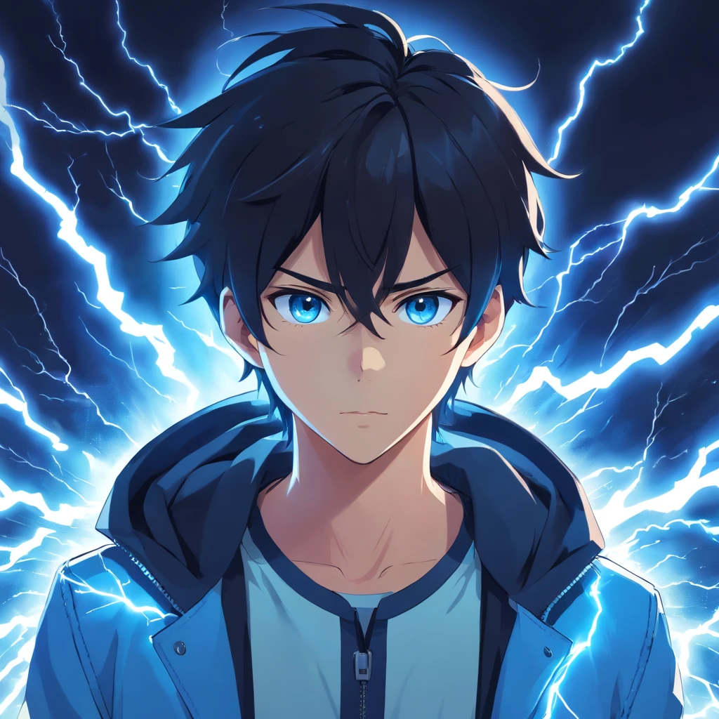 Cool guy, wearing a light blue jacket, black hair, light blue eyes, has the power of blue lightning