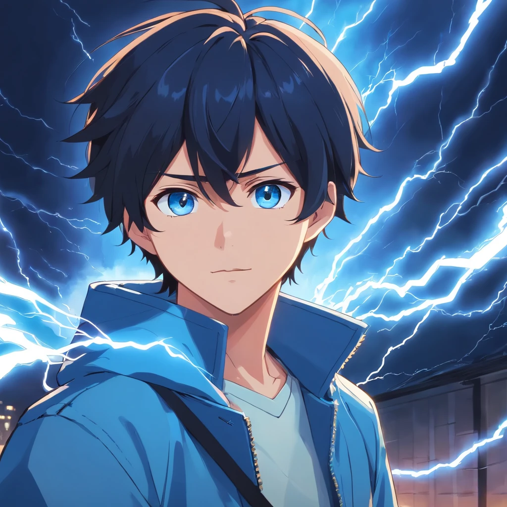 Cool guy, wearing a light blue jacket, black hair, light blue eyes, has the power of blue lightning