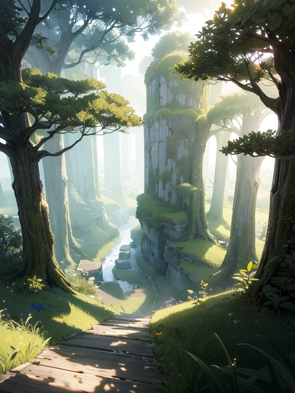 There is a horizontal platform of a mystical forest in a concept art for a 2D game, arte conceitual, paisagem horizonal, jogo de plataforma 2d, Plataformas :1.2, (obra prima),(melhor qualidade), 8k, dynamic light, dynamic shadows, Videogame