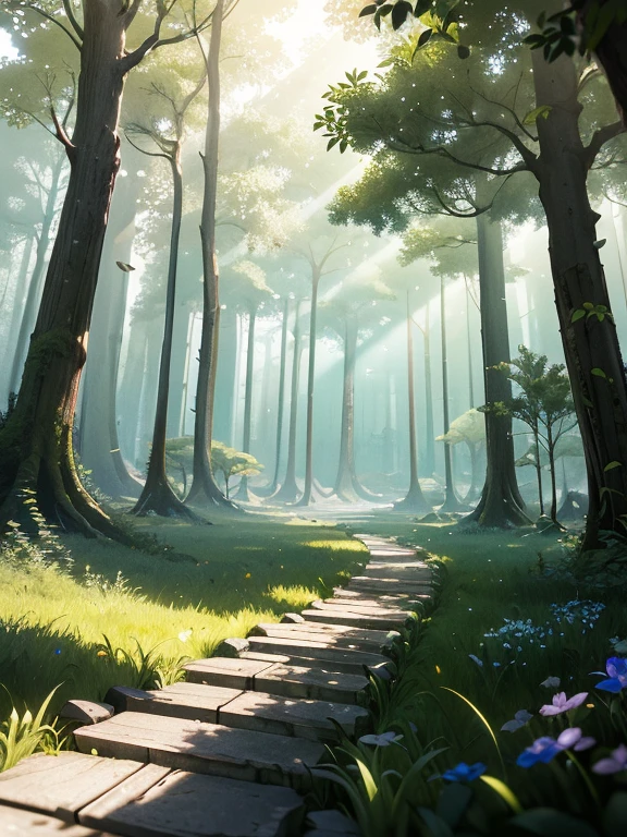 There is a horizontal platform of a mystical forest in a concept art for a 2D game, arte conceitual, paisagem horizonal, jogo de plataforma 2d, Plataformas :1.2, (obra prima),(melhor qualidade), 8k, dynamic light, dynamic shadows, Videogame