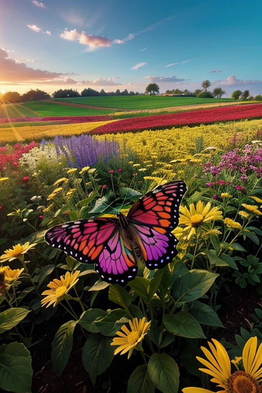 fields of butterfly, colorful flowers, delicate butterfly wings, best quality, vibrant colors, soft lighting
