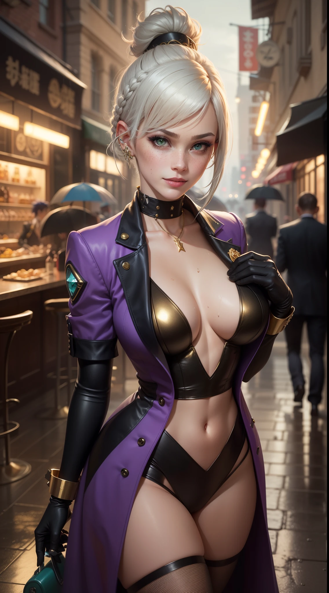 gwen tennyson,yorha 2b,akali,mordred,tracer, samus aran,overwatch,atelier ryza,close up,yakuza mansion,dragon tattoos,violet and gold plugsuit,white short sleeve formal blouse,formal violet vest,black formal tie,light gray short sleeve formal long coat,light gray long formal skirt,short punk hair,punk makeup,green eyes,multicolored silver hair, punk gloves,sexy smile,freckles,beautiful girl,thigh high punk heels,large breasts,8k,ultra detailed,realistic,fantasy art,hair pin,wet body,ear piercings,(weather:rainy),1girl,gold neck, hand, waist and head jewelry,gold mafia guns,