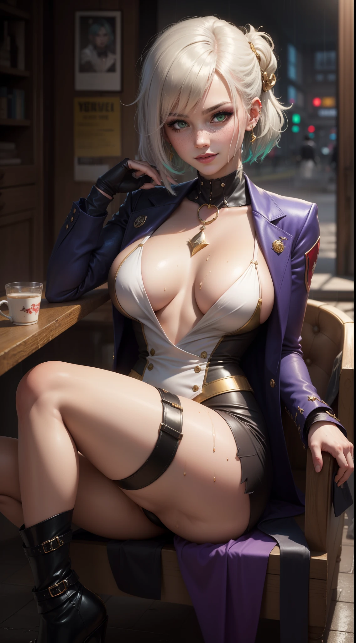 gwen tennyson,yorha 2b,akali,mordred,tracer, samus aran,overwatch,atelier ryza,close up,yakuza mansion,dragon tattoos,violet and gold plugsuit,white short sleeve formal blouse,formal violet vest,black formal tie,light gray short sleeve formal long coat,light gray long formal skirt,short punk hair,punk makeup,green eyes,multicolored silver hair, punk gloves,sexy smile,freckles,beautiful girl,thigh high punk heels,large breasts,8k,ultra detailed,realistic,fantasy art,hair pin,wet body,ear piercings,(weather:rainy),1girl,gold neck, hand, waist and head jewelry,gold mafia guns,