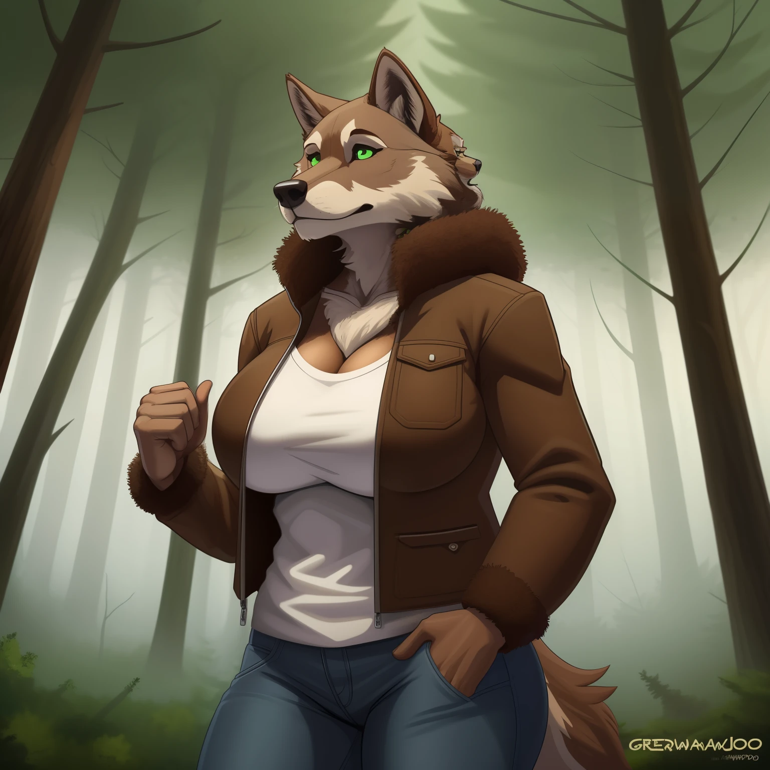 Broad_Athletic_Mature_timberwolf female brown_furry_body green_eyes milf very_fluffy full_breasts fur_trimmed_jacket undershirt jeans solo Masterpiece best_quality absurdres highly_detailed well_drawn_eyes anthro_only by_greasymojo by_runawaystride overgrown_forest foggy_landscape