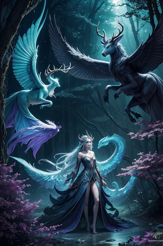 best quality,ultra-detailed,realistic:1.37,creature,mythical beings,fantasy world,dark atmosphere,mesmerizing,enchanted forest,glowing eyes,colorful feathers,sharp claws,exquisite scales,mythical creature with wings,delicate features,elegant posture,creatures with antlers,majestic horns,otherworldly beauty,magical strength,diverse creatures,mythical realm,unearthly beings,ethereal presence,mysterious aura,fantastic creatures emerging from fog,magical powers,captivating gaze,mythical creatures in flight,summoning elements,unimaginable creatures,beauty and danger intertwined,powerful and graceful,alluring mythical creatures,living legends,vibrant and surreal,curious and mischievous creatures,ancient guardians,harmonious coexistence of creatures,enchanted companionship,unforgettable encounters,mythical creatures of folklore,tales of wonder and mystery,whimsical creatures,stunning illustration of mythical beings,colorful and majestic display,awe-inspiring creatures,unleashing the imagination