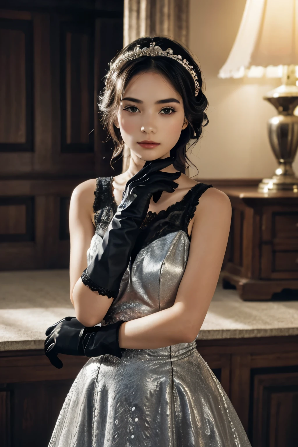 1girl, solo, black hair, gloves,  dress, realistic 