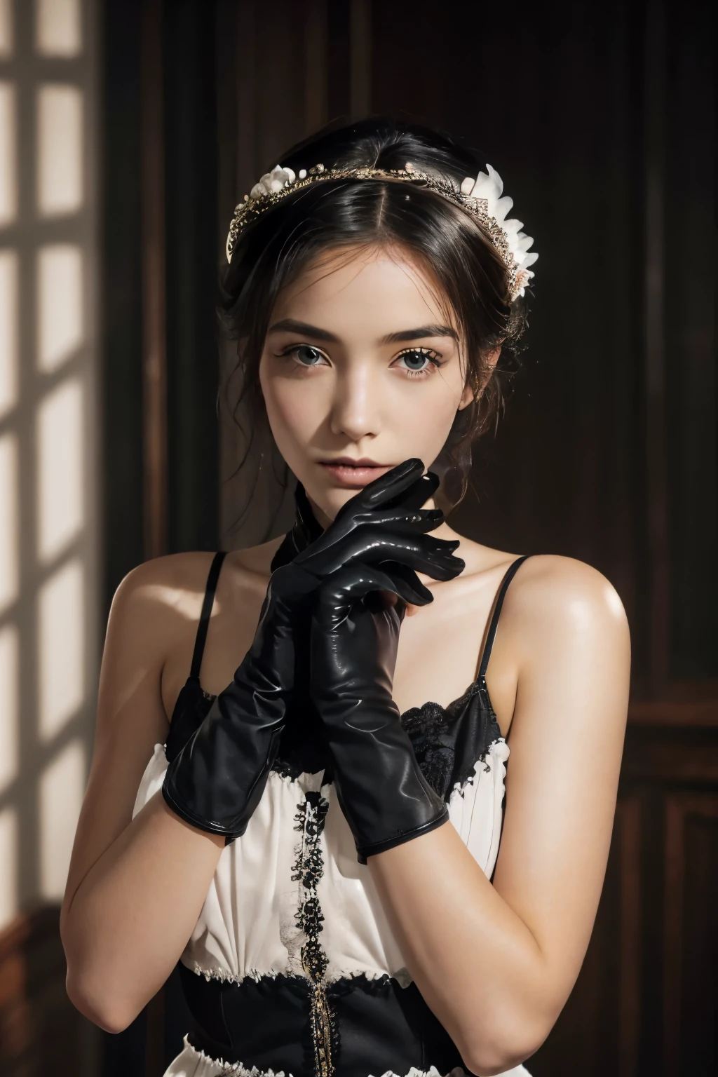 1girl, solo, black hair, gloves,  dress, realistic 