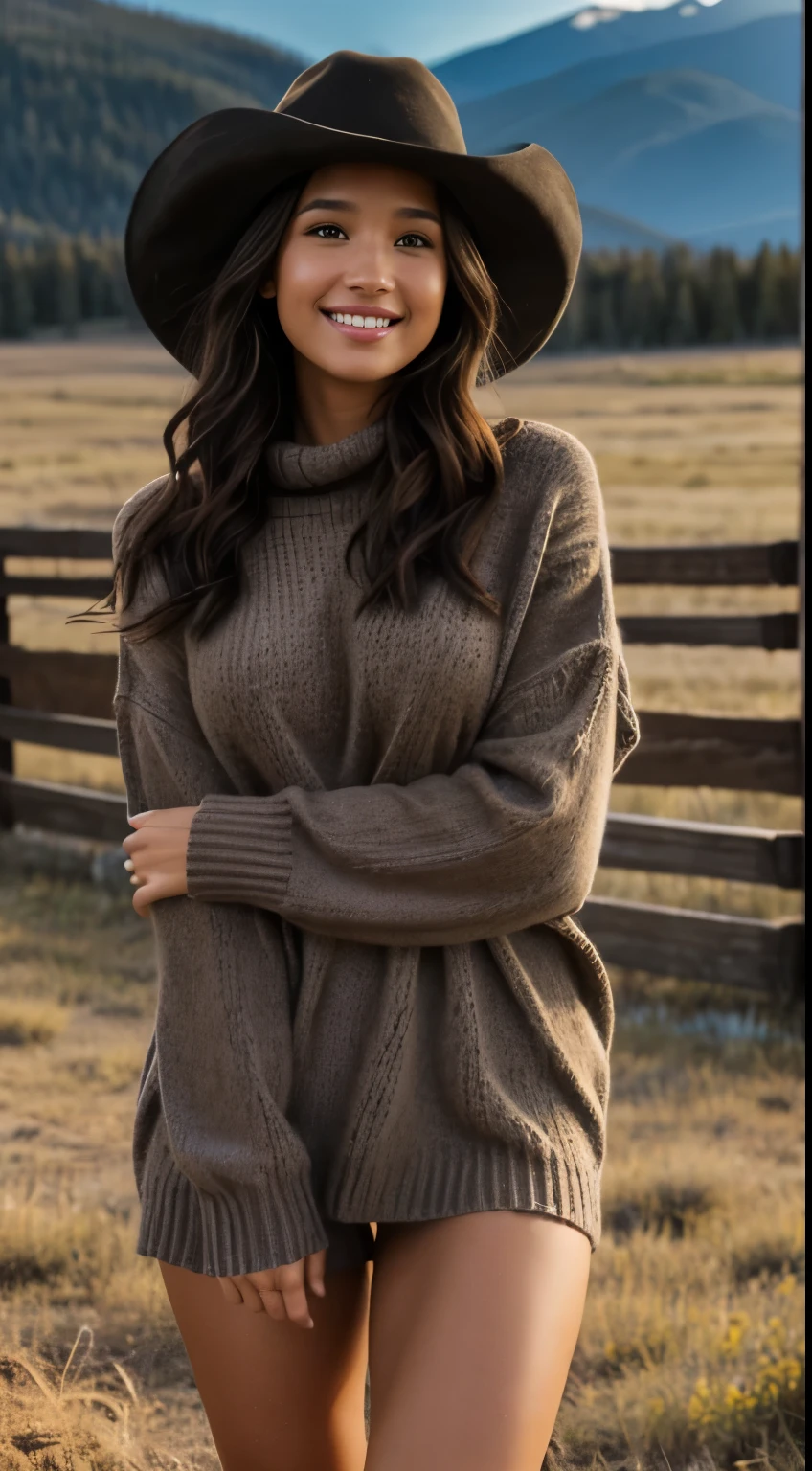 Foto hiperrealista en primer plano de Kelsey Asbille (native American ((light dark skin))), masterpiece, best quality, full body, whole person, (light brown oversize sweater:1.2), (black panties:1.2) heels, (black black black cowboy hat) (boots:1.2), on the ranch, grey day, Montana mountains in the background,  cinematic light, beautiful woman, photo oh whole person, cinematic light, beautiful woman, skinny, large breasts, straight black hair, detailed face, smile, photo taken from a distance