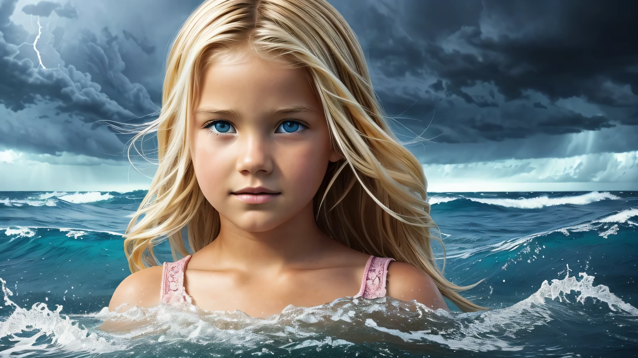 KIDS GIRL BLONDE CLOSE UP, in the middle of a storm, jesus walking on water, the sea and storms behind him, the god of the sea, epic biblical depiction, god of the ocean, bible illustration,