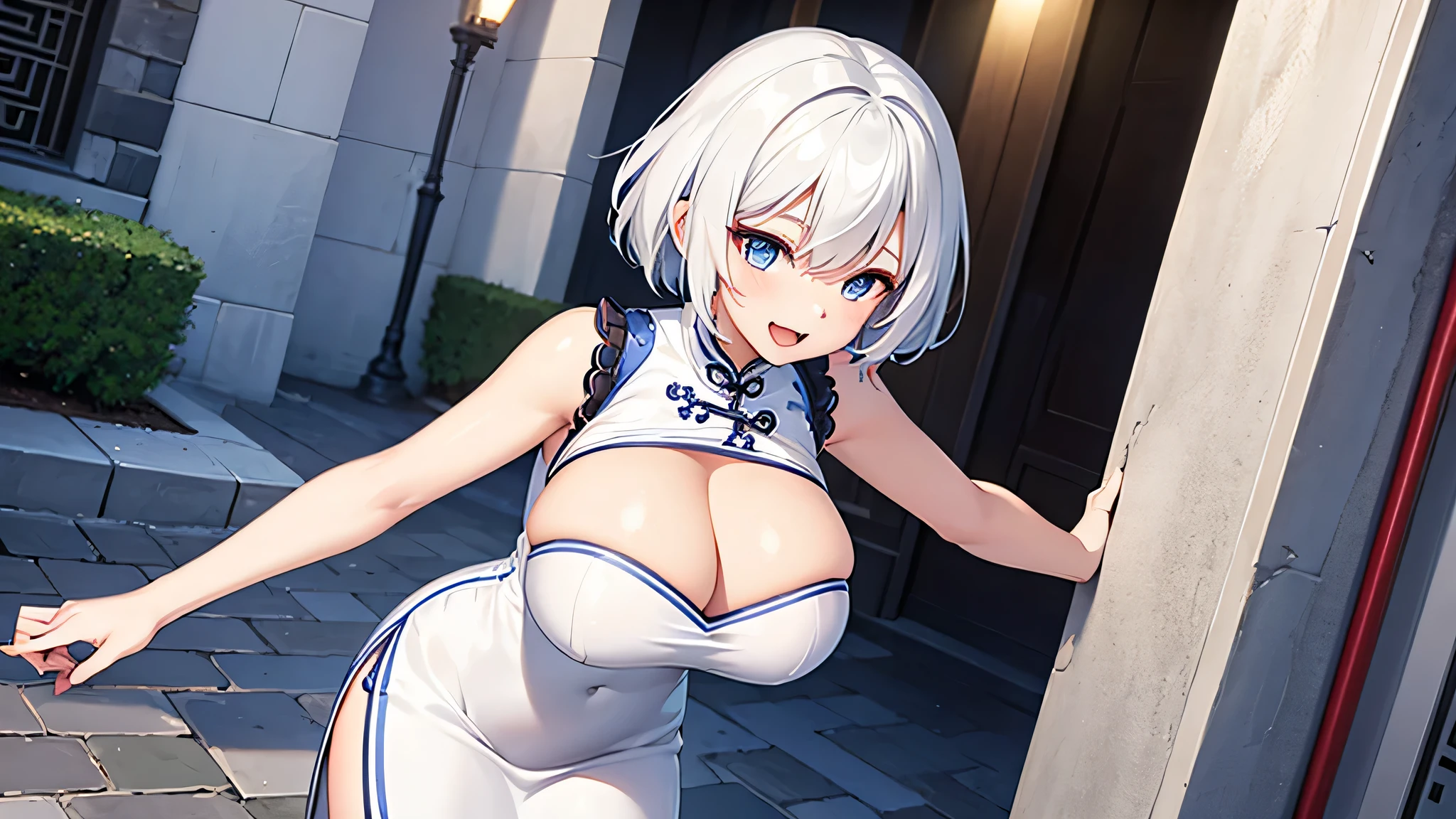 1 girl, game CG, white cheongsam, short white hair,blue eyes,cleavage visible, short cheongsam, gigantic breasts,smile, open mouth, breast hold, outside,