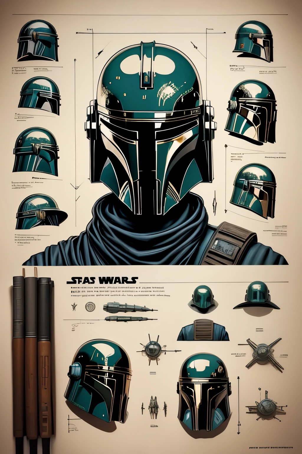 Design of the plans for a helmet  (boba Fett) star wars as a graphic design poster