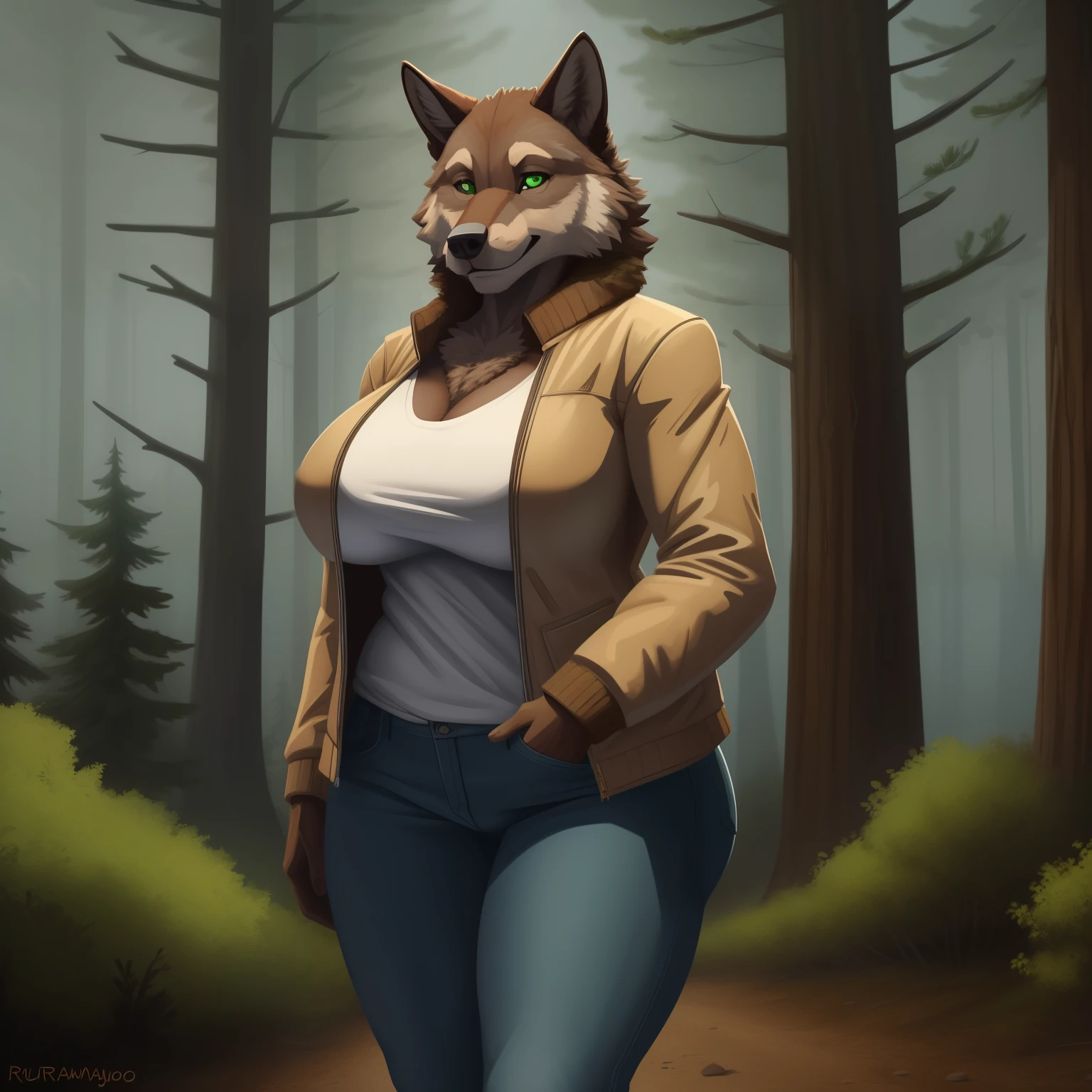 Broad_Athletic_Mature_timberwolf female brown_furry_body green_eyes milf very_fluffy full_breasts fur_trimmed_jacket undershirt jeans solo Masterpiece best_quality absurdres highly_detailed well_drawn_eyes anthro_only by_greasymojo by_runawaystride overgrown_forest foggy_landscape