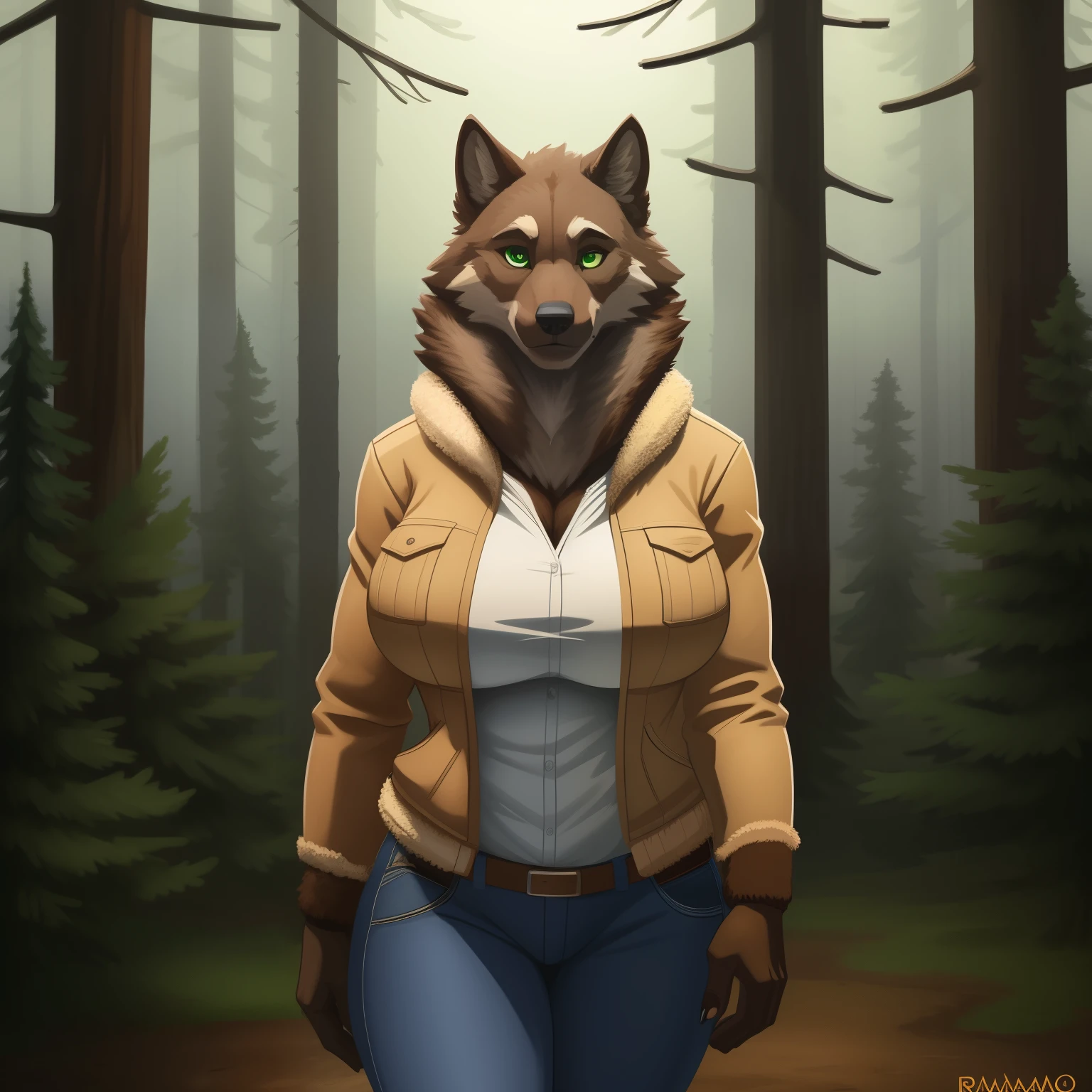 Broad_Athletic_Mature_timberwolf female brown_furry_body green_eyes milf very_fluffy full_breasts fur_trimmed_jacket undershirt jeans solo Masterpiece best_quality absurdres highly_detailed well_drawn_eyes anthro_only by_greasymojo by_runawaystride overgrown_forest foggy_landscape