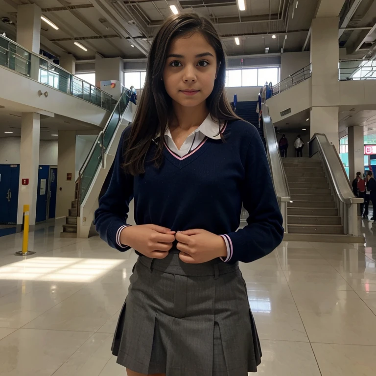Short brunette girl blue eyes wearing school uniform, subiendo escaleras falda corta, Small, girl, hermosa, cuerpo completo, subiendo escaleras, de la mano junto a su madre, 13-year-oldemaatraca, sexy,, de espaldas, agachada, en el aeropuerto con aviones