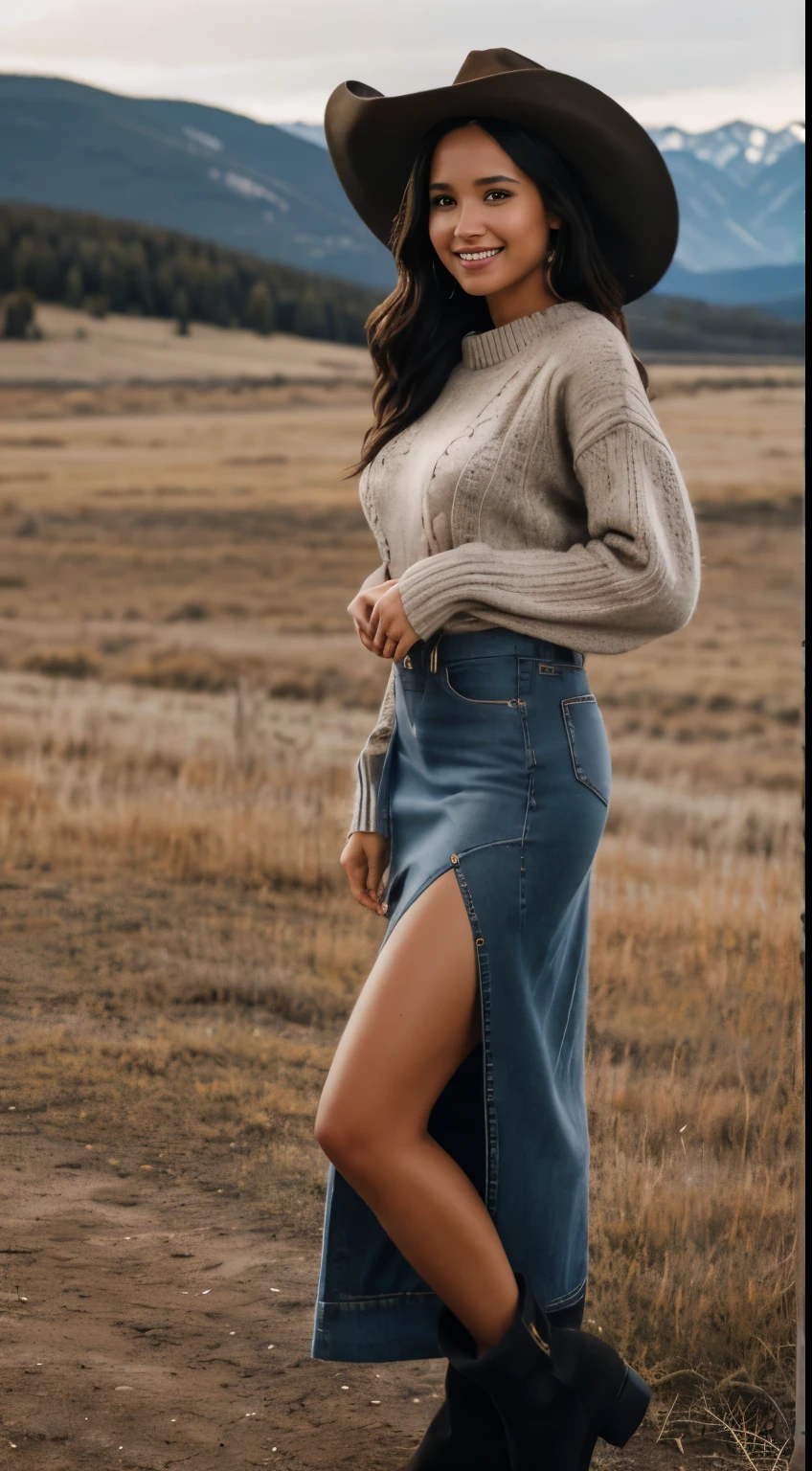 Foto hiperrealista en primer plano de Kelsey Asbille (native American ((light dark skin))), masterpiece, best quality, full body, whole person, (light brown oversize sweater:1.2), (maxi maxi jeans skirt:1.2) heels, (black black black cowboy hat) (boots:1.2), on the ranch, grey day, Montana mountains in the background,  cinematic light, beautiful woman, photo oh whole person, cinematic light, beautiful woman, skinny, large breasts, straight black hair, detailed face, smile, photo taken from a distance