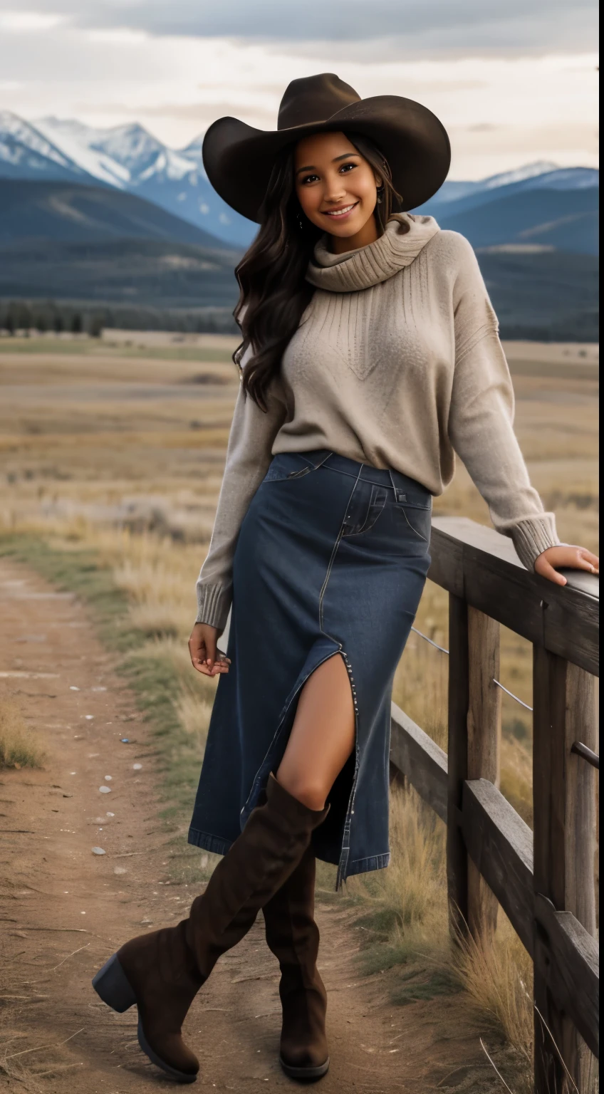 Foto hiperrealista en primer plano de Kelsey Asbille (native American ((light dark skin))), masterpiece, best quality, full body, whole person, (light brown oversize sweater:1.2), (maxi maxi jeans skirt:1.2) heels, (black black black cowboy hat) (boots:1.2), on the ranch, grey day, Montana mountains in the background,  cinematic light, beautiful woman, photo oh whole person, cinematic light, beautiful woman, skinny, large breasts, straight black hair, detailed face, smile, photo taken from a distance
