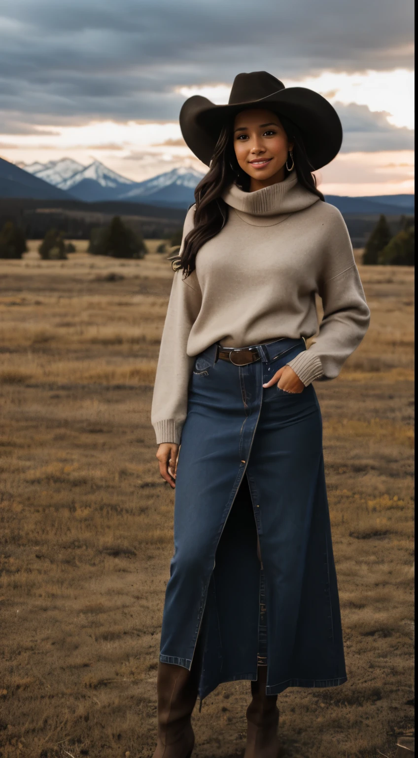 Foto hiperrealista en primer plano de Kelsey Asbille (native American ((light dark skin))), masterpiece, best quality, full body, whole person, (light brown oversize sweater:1.2), (maxi maxi jeans skirt:1.2) heels, (black black black cowboy hat) (boots:1.2), on the ranch, grey day, Montana mountains in the background, cinematic light, beautiful woman, photo oh whole person, cinematic light, beautiful woman, skinny, large breasts, straight black hair, detailed face, smile, photo taken from a distance