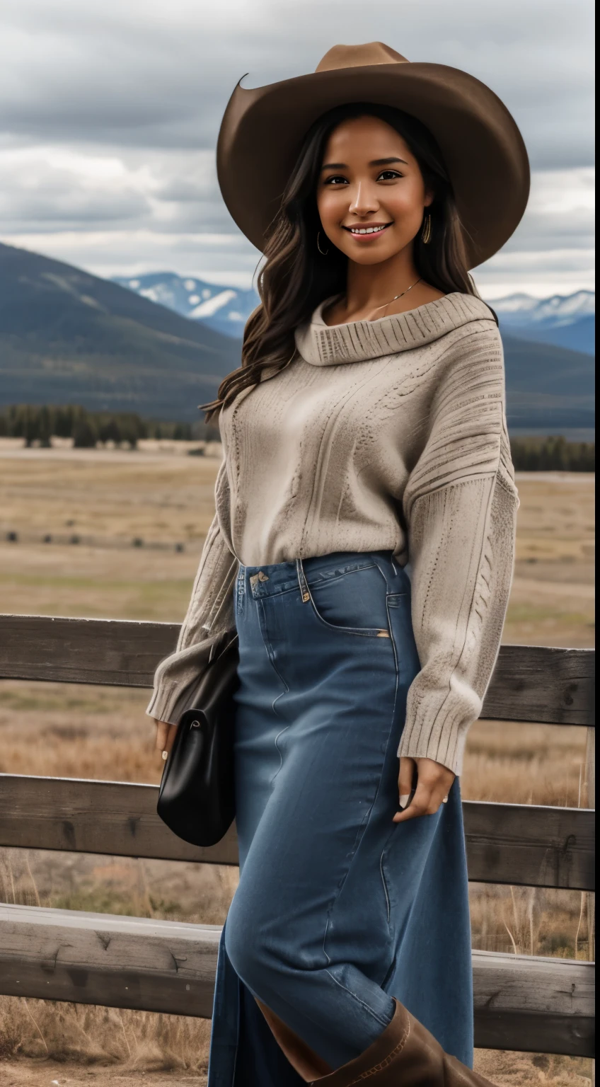 Foto hiperrealista en primer plano de Kelsey Asbille (native American ((light dark skin))), masterpiece, best quality, full body, whole person, (light brown oversize sweater:1.2), (maxi maxi jeans skirt:1.2) heels, (black black black cowboy hat) (boots:1.2), on the ranch, grey day, Montana mountains in the background, cinematic light, beautiful woman, photo oh whole person, cinematic light, beautiful woman, skinny, large breasts, straight black hair, detailed face, smile, photo taken from a distance
