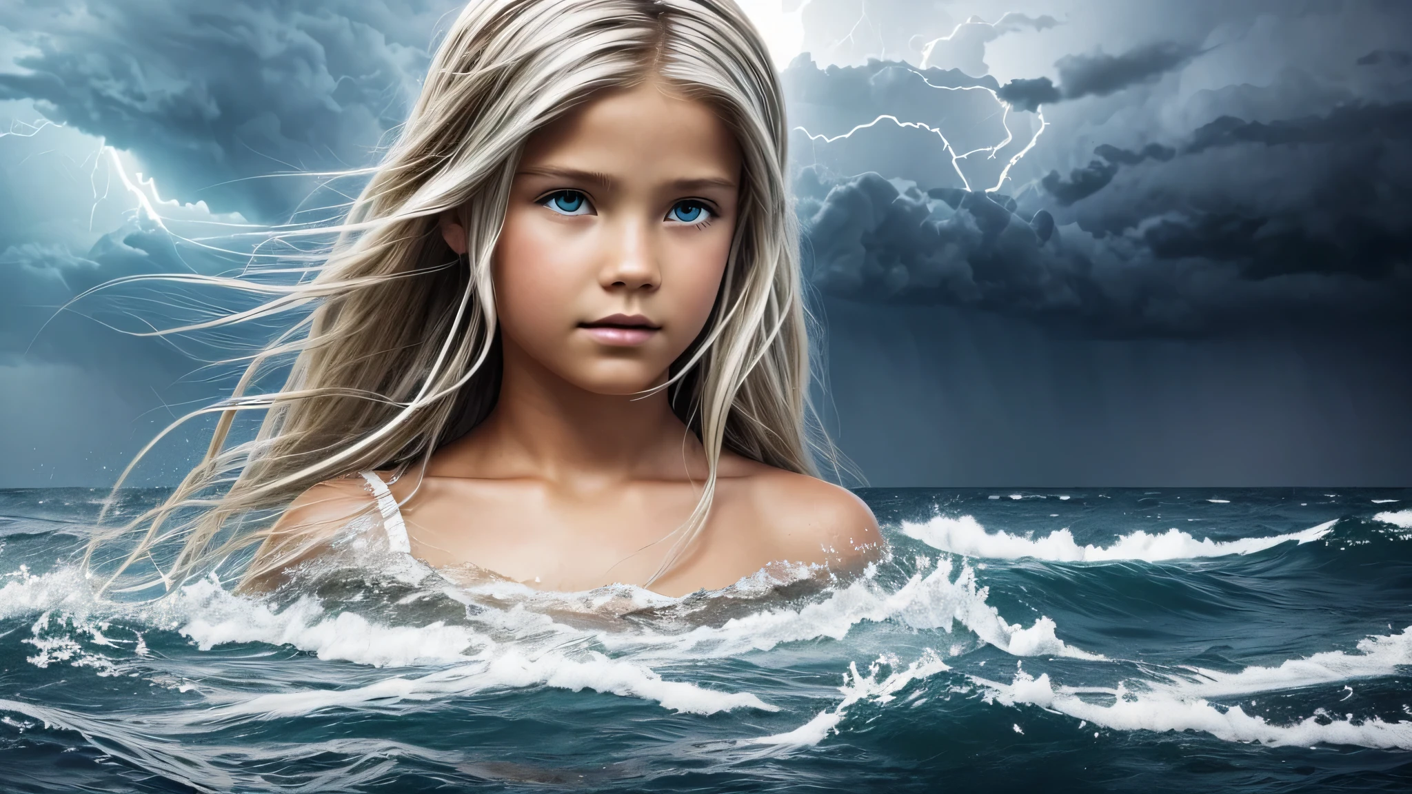 KIDS GIRL BLONDE SILVER CLOSE UP, in the middle of a storm, jesus walking on water, the sea and storms behind him, the god of the sea, epic biblical depiction, god of the ocean, bible illustration,