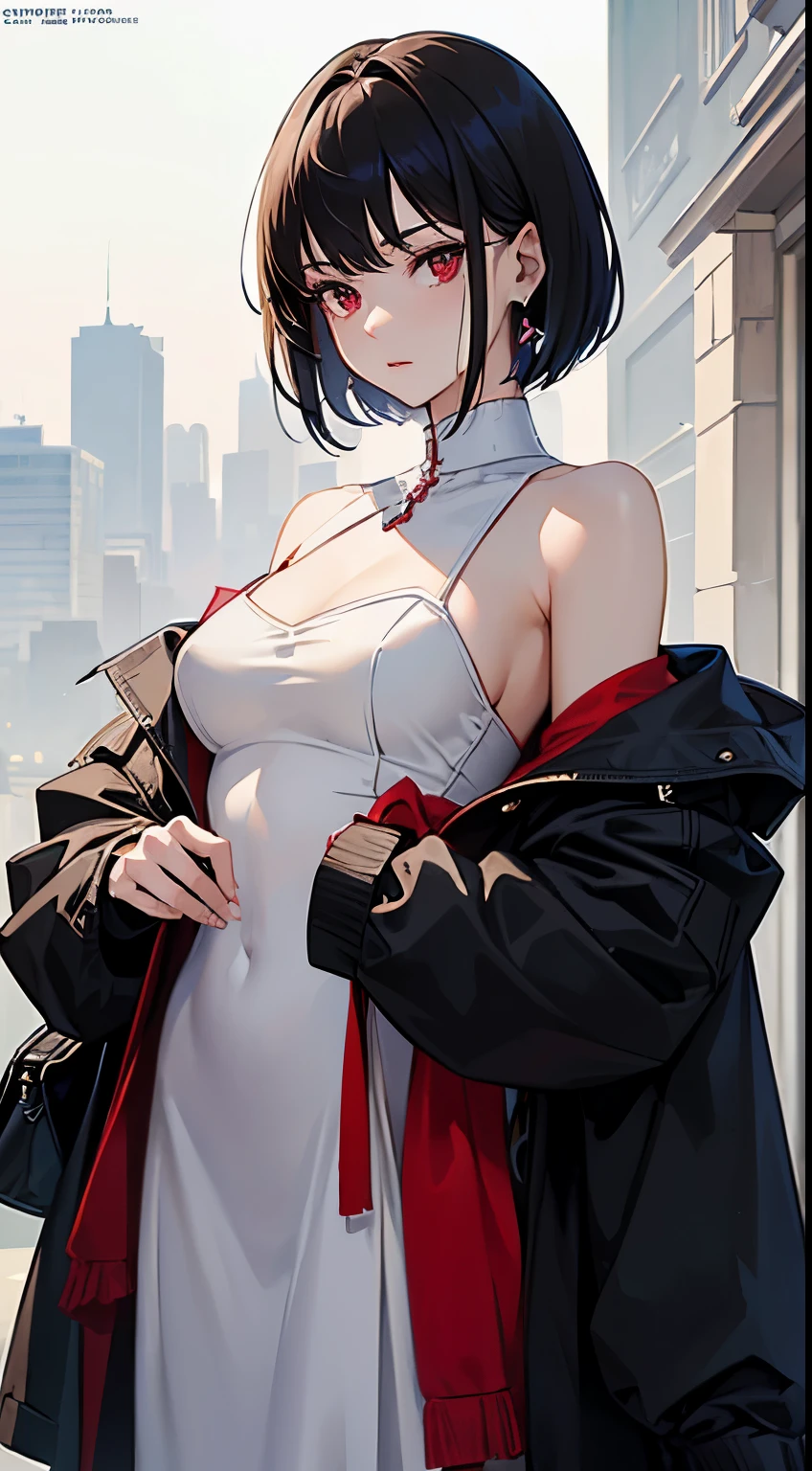 masterpiece, highlydetailed, ultra-detailed, cold, solo, (1woman), (pale skin), blood red eyes, frosty pitch black hair, short messily cut hair, scars, young lady, medium breasts, goddess, cool kuudere woman, (sci-fi), (modern casual clothes), stoic, rude, lazy expression, (polite clothes), (close clotheuture clothelack clotheodel, actress, potrait, magazine cover