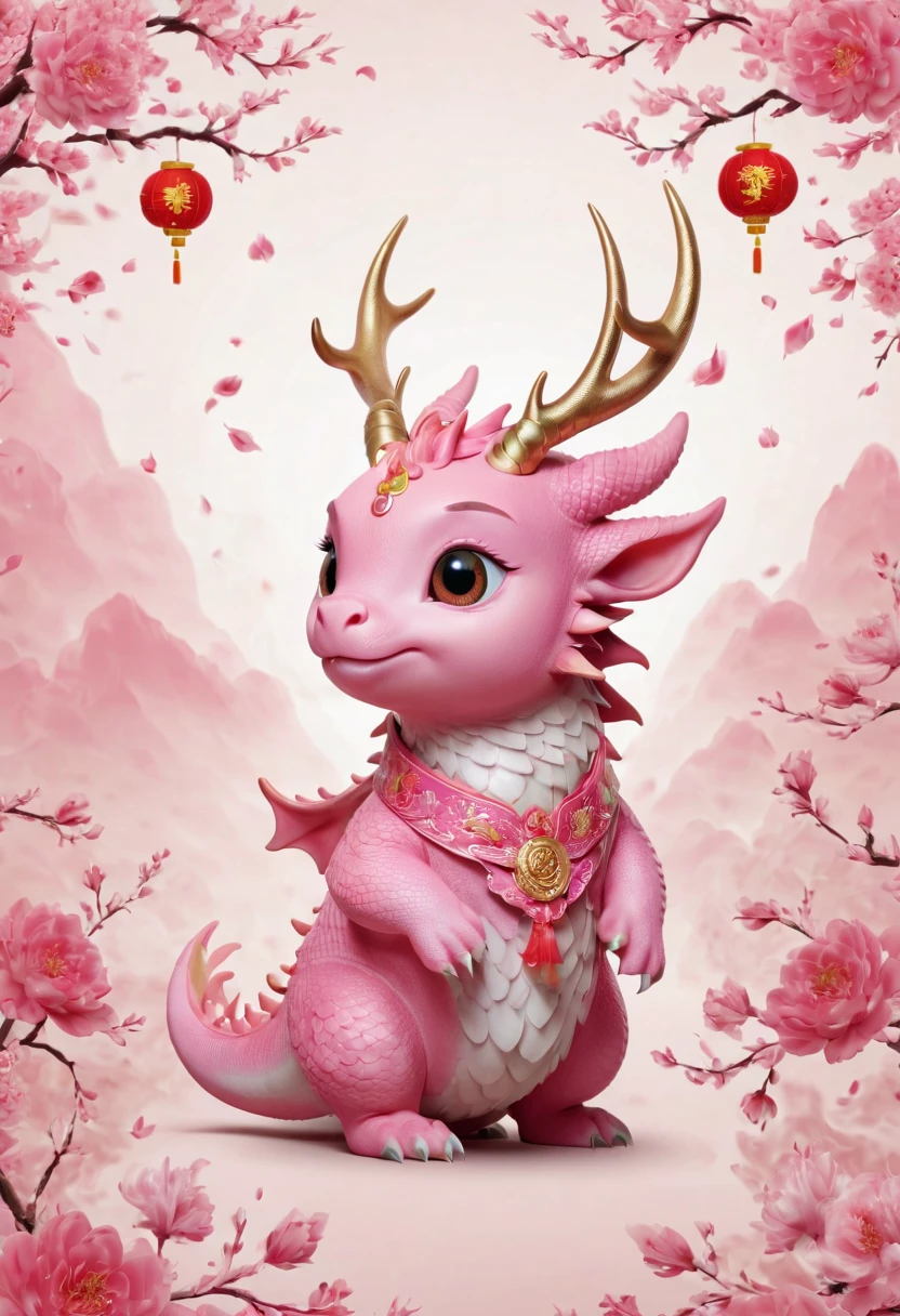 Q version,Cute little dragon,Chinese style,pink space,festive atmosphere,Spring Festival,Lovely antlers,Chinese elements,cartoon,Cute pet,Lively