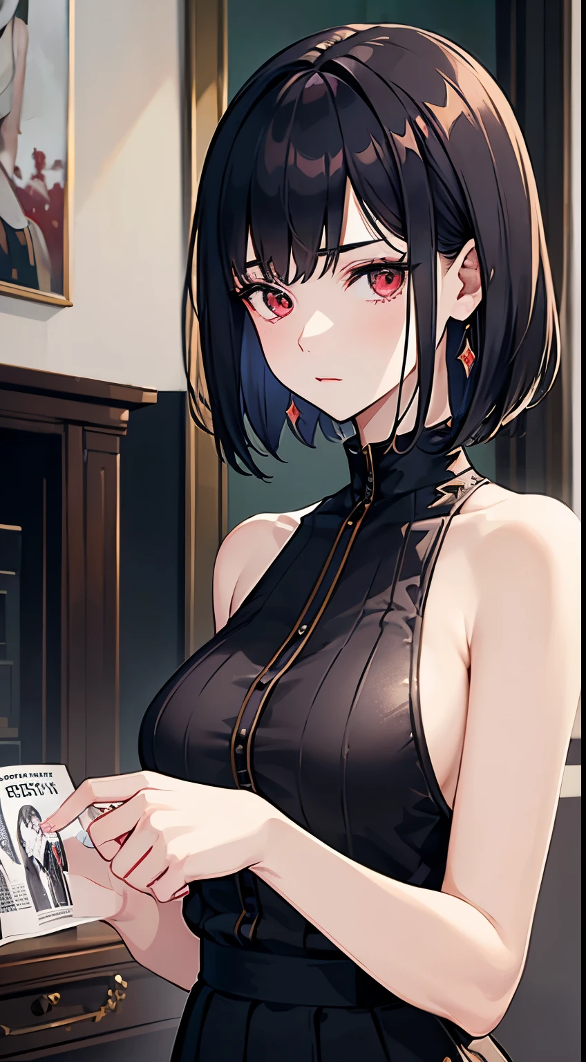 masterpiece, highlydetailed, ultra-detailed, cold, solo, (1woman), (pale skin), blood red eyes, frosty pitch black hair, short messily cut hair, scars, young lady, medium breasts, goddess, cool kuudere woman, (sci-fi), (modern casual clothes), stoic, rude, lazy expression, (polite clothes), (close clotheuture clothelack clotheodel, actress, potrait, magazine cover