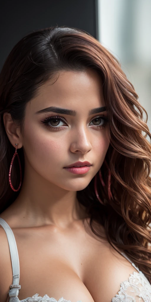 Full Face portrait photo oF 25 year old European girl, CRUDO, beautiFul woman, halF-open strawberry lips, hoyuelos, mirada anhelante, ojos verdes, Pupilas grandes, big eyelashes, (very long wavy brown hair), ((Detalleed Face)), ((Detalleed Facial Features)), (Fine skin), pale skin, (tech cyberpunk dress with Detalleed deep cleavage), entorno de megaciudad cyberpunk, (colores frios), wet, wet, reFlection, (obra maestra) (perFect proportions) (fotos realistas) (of the highest quality) (Detalle) Tomada con Canon EOS R5, lente de 50 mm, F/2.8, HDR, (fondo de pantalla) (cinematic lighting) (dramatic lighting) (sharp Focus) (complejo), (Face close-up)),