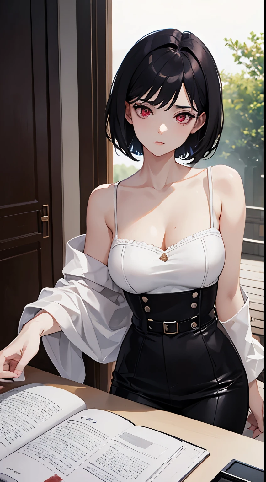 masterpiece, highlydetailed, ultra-detailed, cold, solo, (1woman), (pale skin), blood red eyes, frosty pitch black hair, short messily cut hair, scars, young lady, medium breasts, goddess, cool kuudere woman, (sci-fi), (modern casual clothes), stoic, rude, lazy expression, (polite clothes), (close clotheuture clothelack clotheodel, actress, potrait, magazine cover