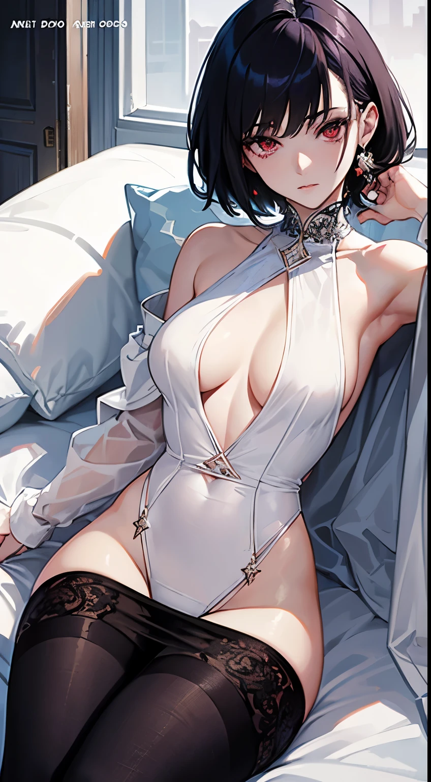 masterpiece, highlydetailed, ultra-detailed, cold, solo, (1woman), (pale skin), blood red eyes, frosty pitch black hair, short messily cut hair, scars, young lady, medium breasts, goddess, cool kuudere woman, (sci-fi), (modern casual clothes), stoic, rude, lazy expression, (polite clothes), (close clotheuture clothelack clotheodel, actress, potrait, magazine cover