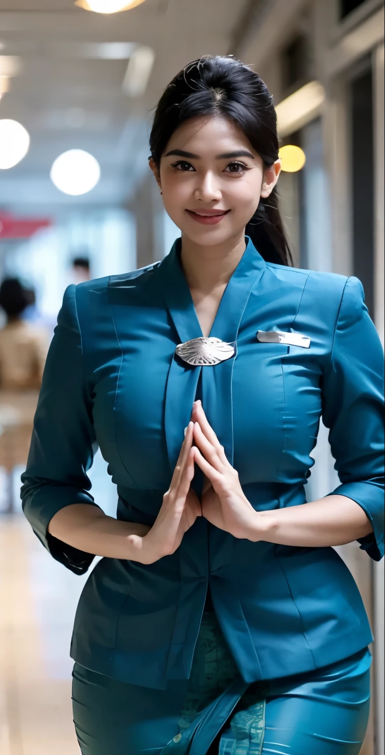 Indoor airlanes,black hair, indonesian,wearing garudaindonesia uniform,white skin,large breastasterpiece),((sfw)),busty,big breasts,(((bokeh)))