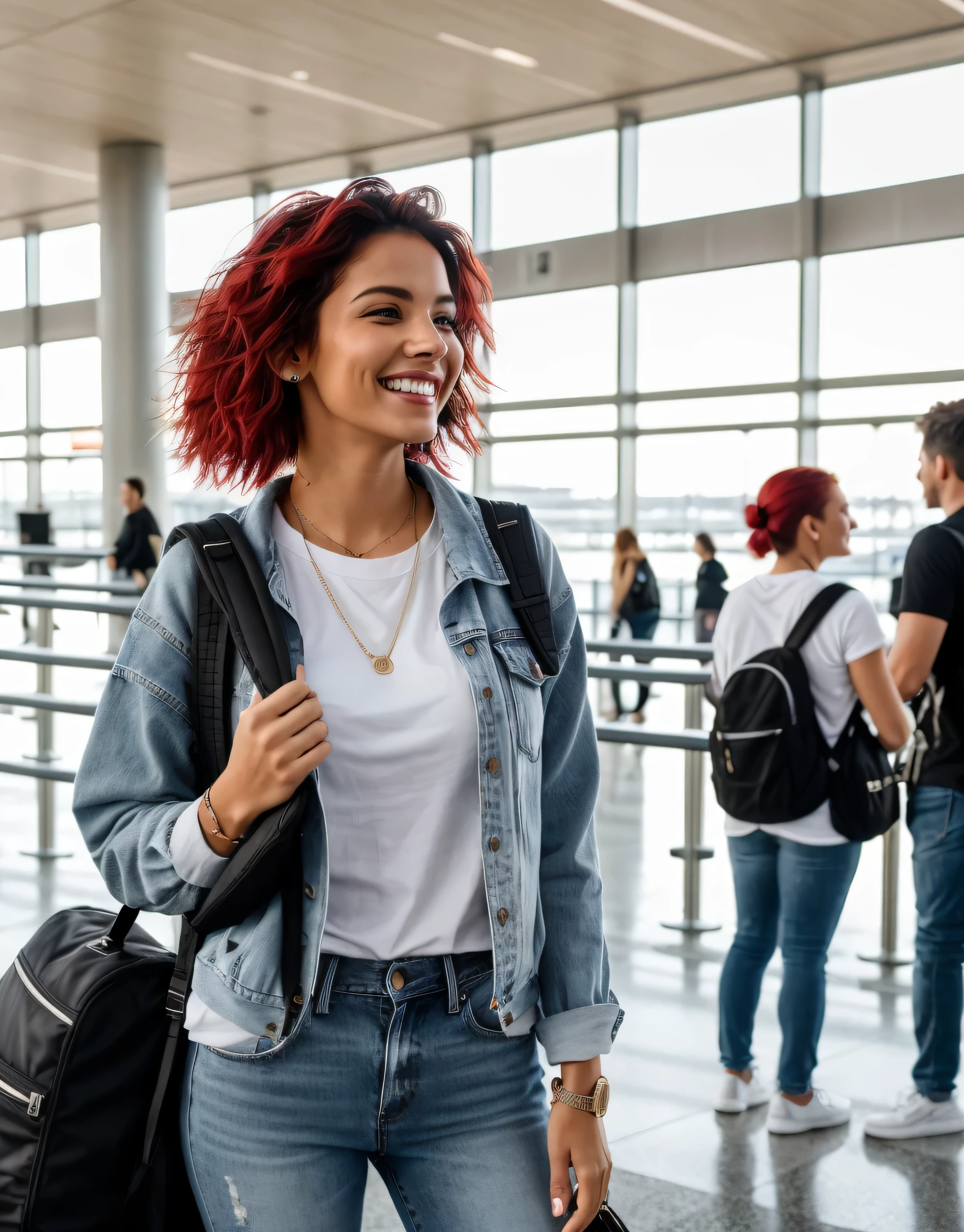 best quality, 4k , full body , ultra high resolution, beautiful girl, not too skinny, not too big, very fit girl, short bright red disheveled hair, black eyeshadow, not too big breast, she is at the airport waiting to check in, she has the boarding pass in her hand, she turned to have her photograph taken, she is very enthusiastic and smiles enough to see her teeth clearly, she is wearing a pair of jeans and a t- white shirt, he has a sweatshirt wrapped around his waist, he has a backpack on his shoulder , she is smiling and wrinkles her nose, high res, detailed facial features , sharp focus, smooth, aesthetic, very happy, good vibes.