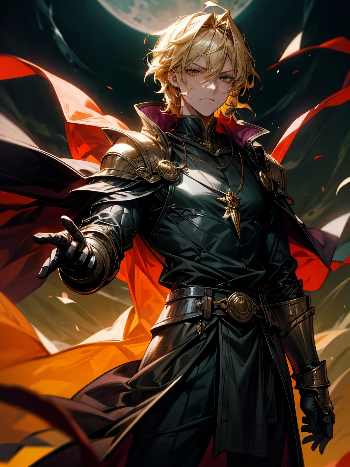 Generate an image of a character with the following attributes: ((Best quality)), ((1 character)). The character is a man with wheat-colored hair, honey-amber eyes, a noble and mature appearance, wearing black armor covered by a green cloak. The hair is short and wavy, with a neutral expression. The character is adorned with a crescent, full, and waning moon necklace, as well as an amethyst necklace. Blood moon. The style is manga, noble pose, perfect hands