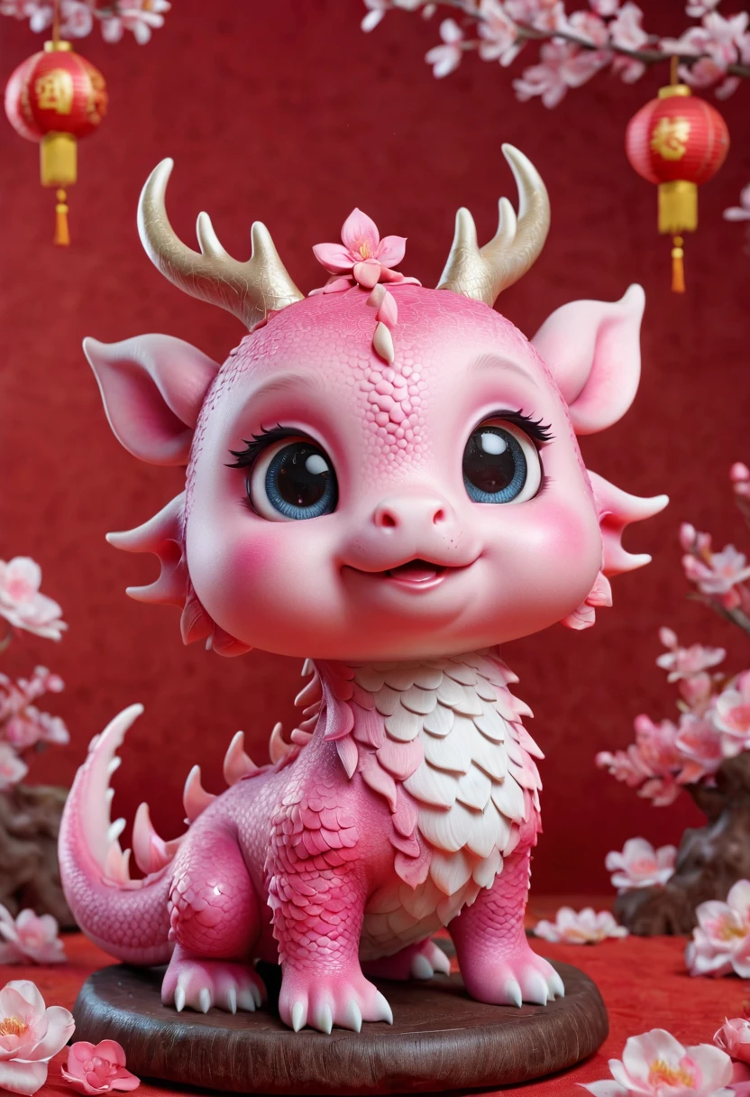 Q version，Cute little dragon，Chinese style，pink space，festive atmosphere，Spring Festival，Lovely antlers，Chinese elements，cartoon，Cute pet，Lively