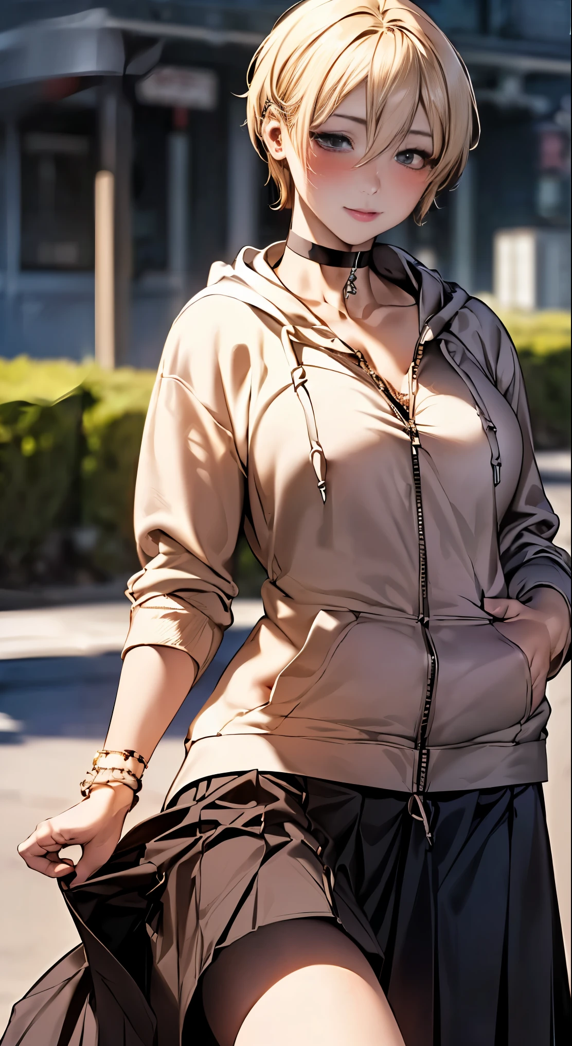 (masterpiece:1.2, highest quality), (realistic, photorealistic:1.4), beautiful illustrations,
looking at the viewer, whole body, Front view:0.6,
1 female, 25 years old, Japanese, ((blonde:1.5, Handsome Shorthair:1.4)), No bangs, hair between eyes, ((height: 176 cm, big breasts:1.6, thin waist))
beautiful hair, beautiful face, beautiful and detailed eyes, (black eye:1.3), beautiful clavicle, beautiful body, beautiful breasts, beautiful thighs, beautiful feet, beautiful fingers, perfect anatomy:1.3,
(outdoor), ((zip up hoodie hood:1.8, long skirt:1.4, choker:1.6)), white panties:1.6,
((Grasp the hem of the skirt with your right hand, Put your left hand on your chest, open your legs:1.3)),
(Look at the viewer while blushing:1.3), ((NFSW:1.4))
