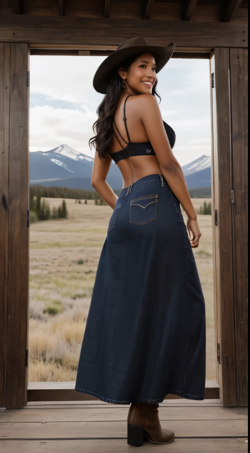 Foto hiperrealista en primer plano de Kelsey Asbille (native American ((light dark skin))), masterpiece, best quality, full body, whole person, (light brown bra:1.2), (maxi maxi jeans skirt:1.2) (boots:1.2), on the ranch, grey day, Montana mountains in the background,  cinematic light, beautiful woman, photo oh whole person, cinematic light, beautiful woman, skinny, large breasts, straight black pony tail  hair, detailed face, smile, photo taken from a distance