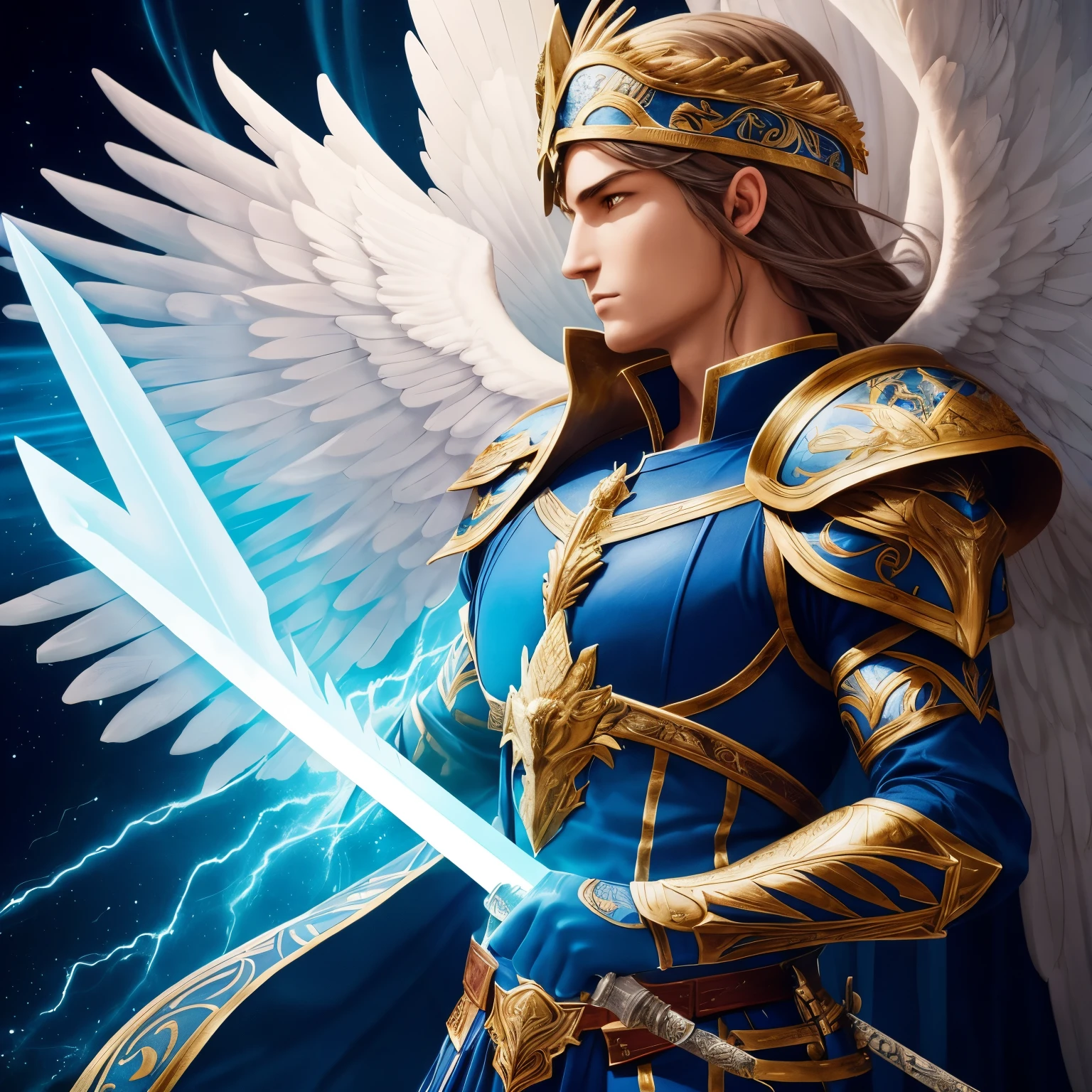 An unparalleled, ultra-realistic masterpiece showcasing a powerful and beautiful angel in flight, clad in Roman soldier armor. With vibrant blue flames enshrouding his entire form, intricately detailed feathers in shades of azul, and a broad golden sword held aloft in his right hand, this divine being radiates unmatched spiritual magic energy. Displaying an elegant side profile, this professionally rendered work of art boasts smooth volumetric lighting and a soft, harmonious color palette. (Fantasy surrealist style, ((melhor qualidade)), painting, angel, Roman armor, sword, side profile, volumetric lighting, soft color palette, ultra-