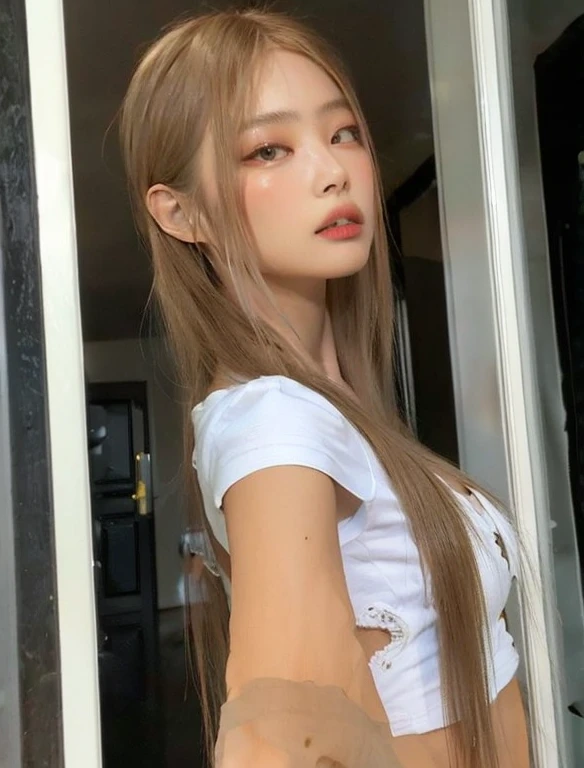 a close up of a woman com cabelo comprido and a white shirt, 18 anos de idade, 1 6 anos, com cabelo comprido, menina Asian com cabelo comprido, beautiful menina Asian, Lalisa Manobal, de 19 anos, Asian, beautiful chinese model, chinesa, coreana, com longos cabelos loiros, garota de anime na vida real