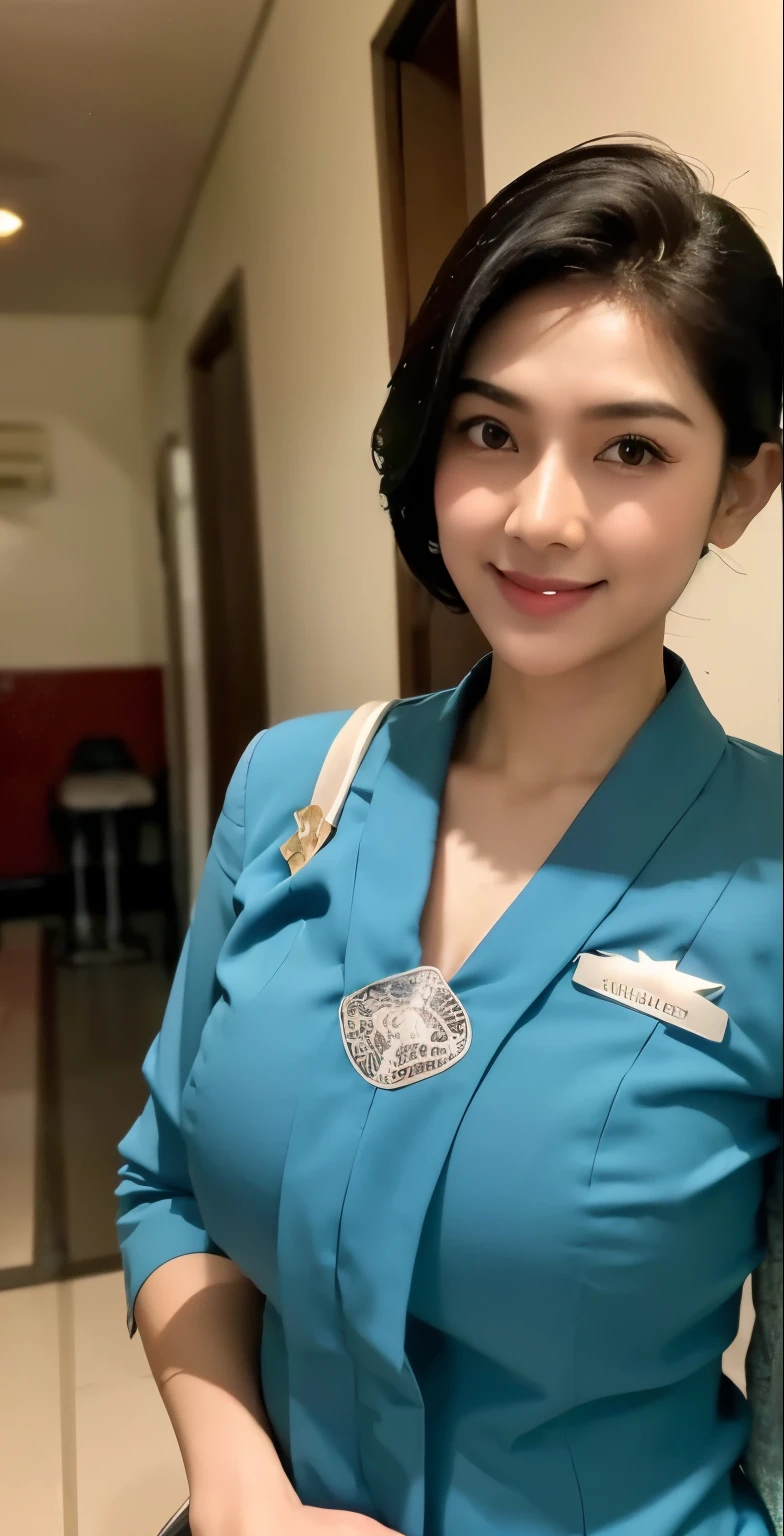 Indoor airlanes,black hair, indonesian,wearing garudaindonesia uniform,white skin,large breastasterpiece),((sfw)),busty,big breasts,