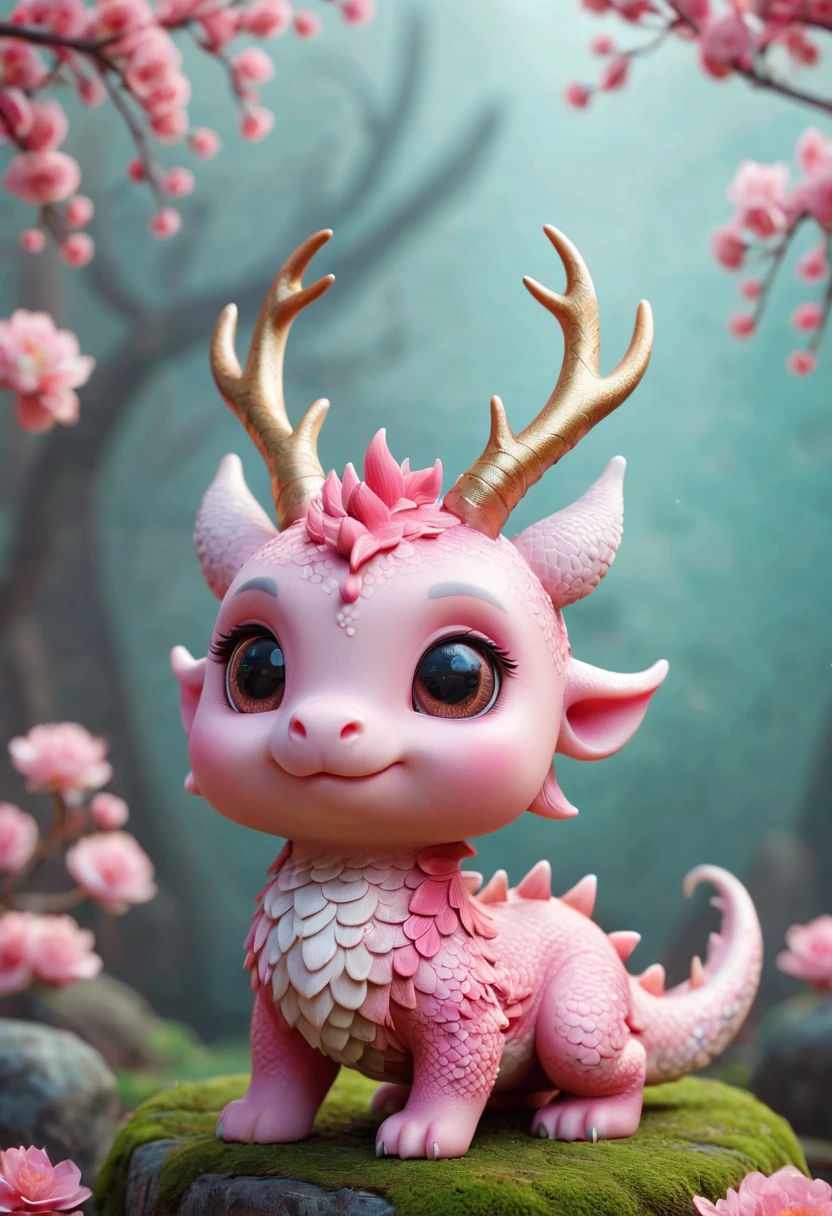 Q version,Cute little dragon,Chinese style,pink space,festive atmosphere,Spring Festival,Lovely antlers,Chinese elements,cartoon,Cute pet,Lively