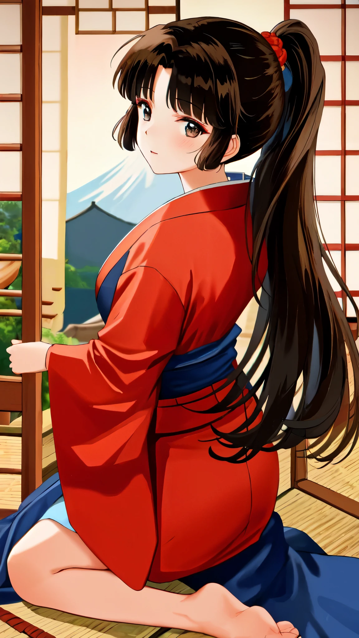 masterpiece, best quality, full body from behind,sango, KizukiAi, looking back, brown hair, brown eyes, high ponytail, long hair, medium breasts, blue kimono, multiple poses, (looking at viewer:1.3) ((Anime Screenshot, 2000s anime)), eyeshadow, night, adjusting_hair, anime_coloring, close-up, closed_mouth, hand_in_own_hair, (((Japanese village indoors:1.2)))