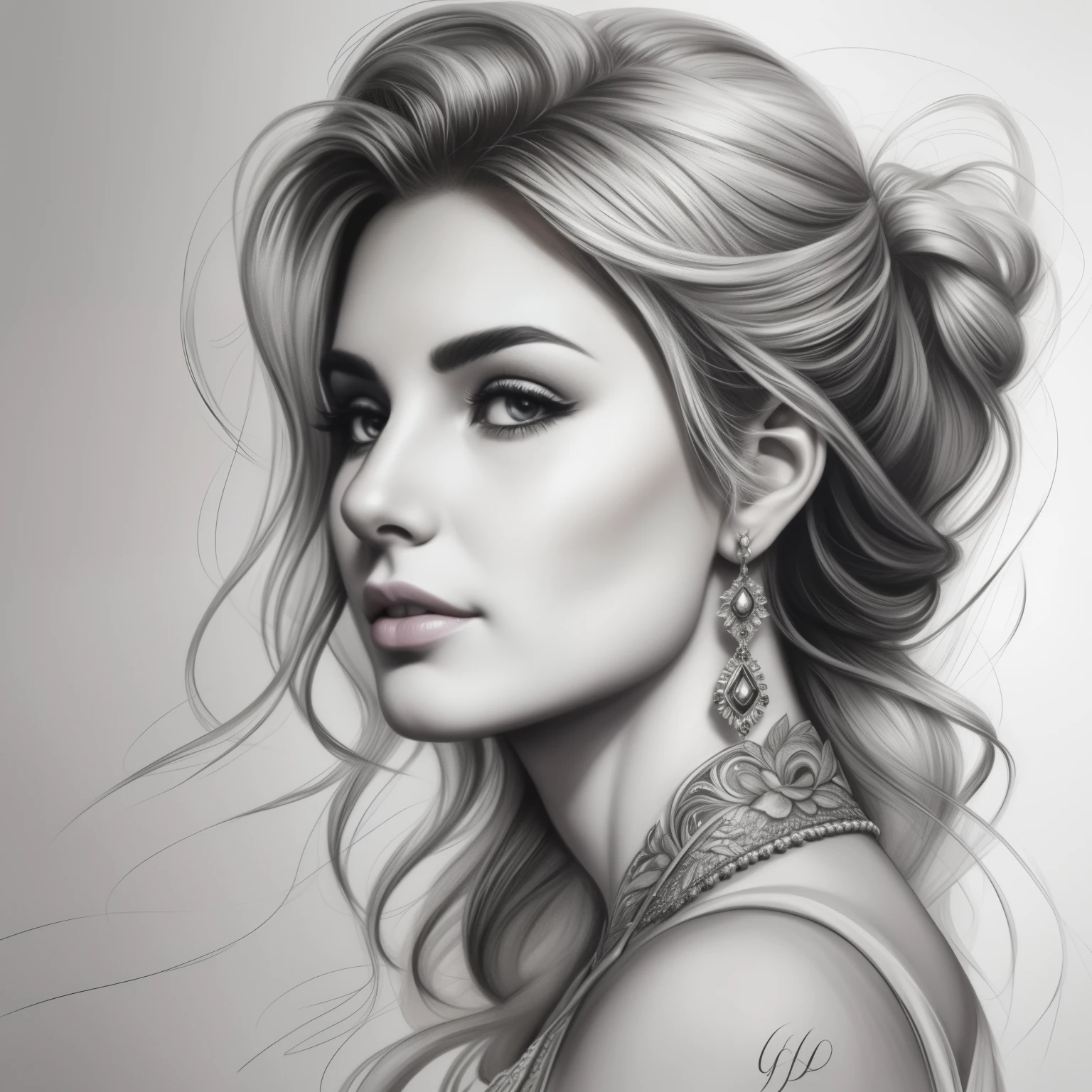um desenho de uma mulher com cabelos longos e brincos, retrato de beleza detalhado, retrato bonito detalhado, desenho digital realista, extremely mulher detalhada, elegante pintura digital, mulher detalhada, Detailed illustration portrait, epic portrait illustration, desenho impressionante, lindo estilo de desenho, linda linda arte digital, bela arte uhd 4k, realistic sketch, desenho elegante, high quality sketch art