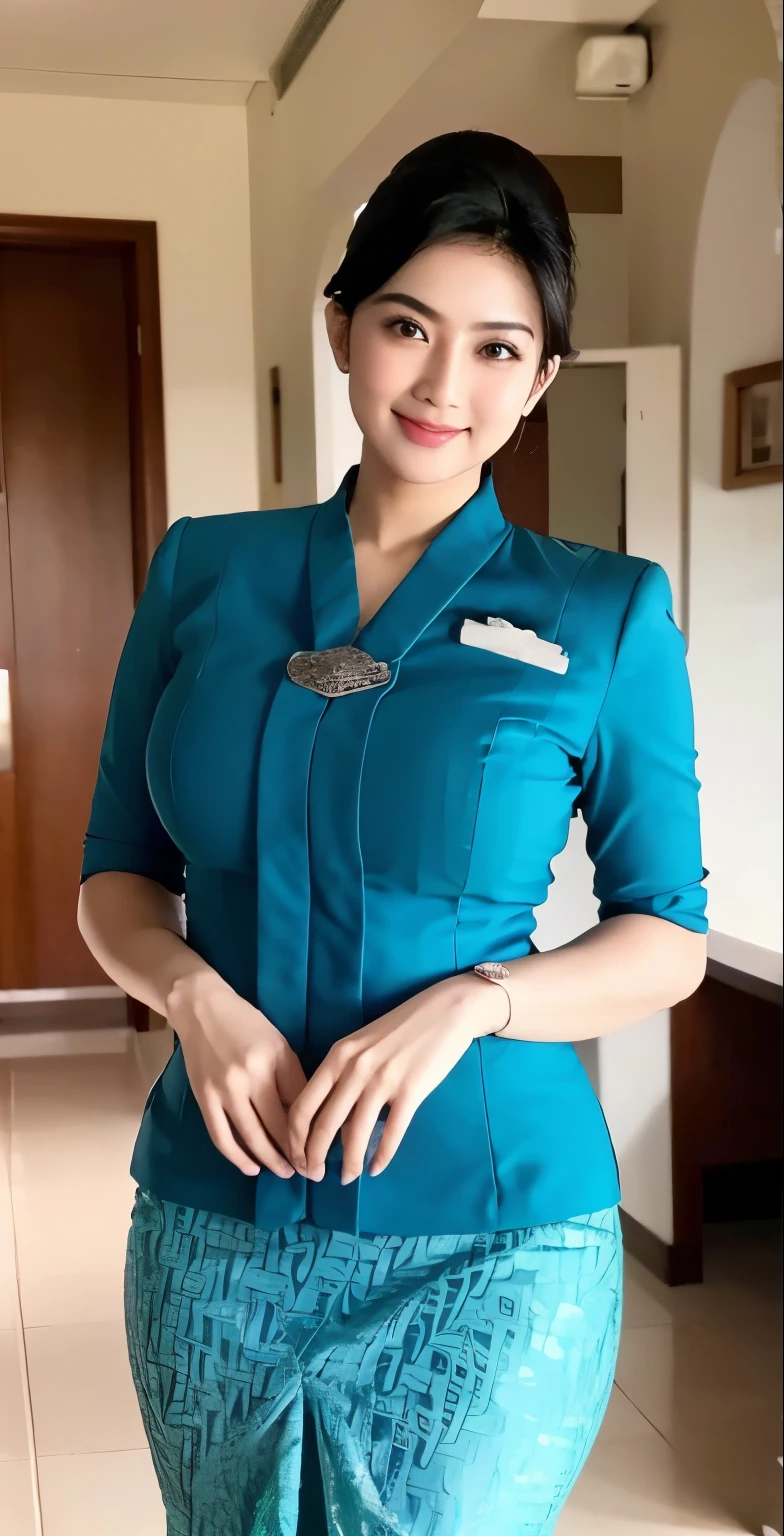 Indoor airlanes,black hair, indonesian,wearing garudaindonesia uniform,white skin,large breastasterpiece),((sfw)),busty,big breasts,huge breasts,gigantic breasts,tight